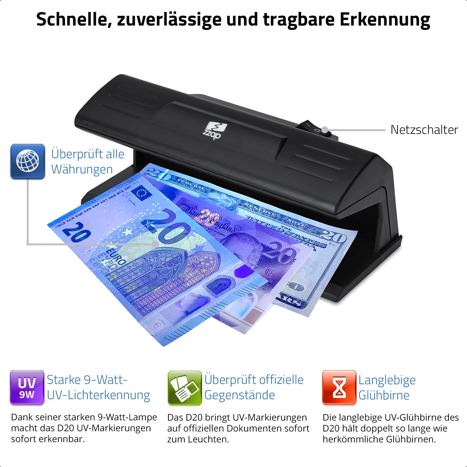 The ZZap D20 – Falschgeld Prüfer – UV-Erkennung mit einer 9-Watt-Long-Life-Glühbirne, ideal zum Überprüfen von Währung, offiziellen Artikeln und mehr