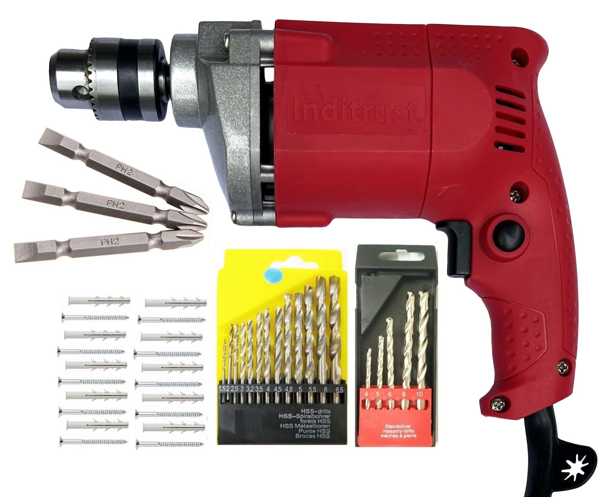 Inditrust New 10MM Drill Machine with 10+10 Screw Gitti 13pc hss 5pc Masonry 3pc Ph2 bit 65mm Power & Hand Tool Kit with 6 MONTHS WARRANTY 100% Copper Winding