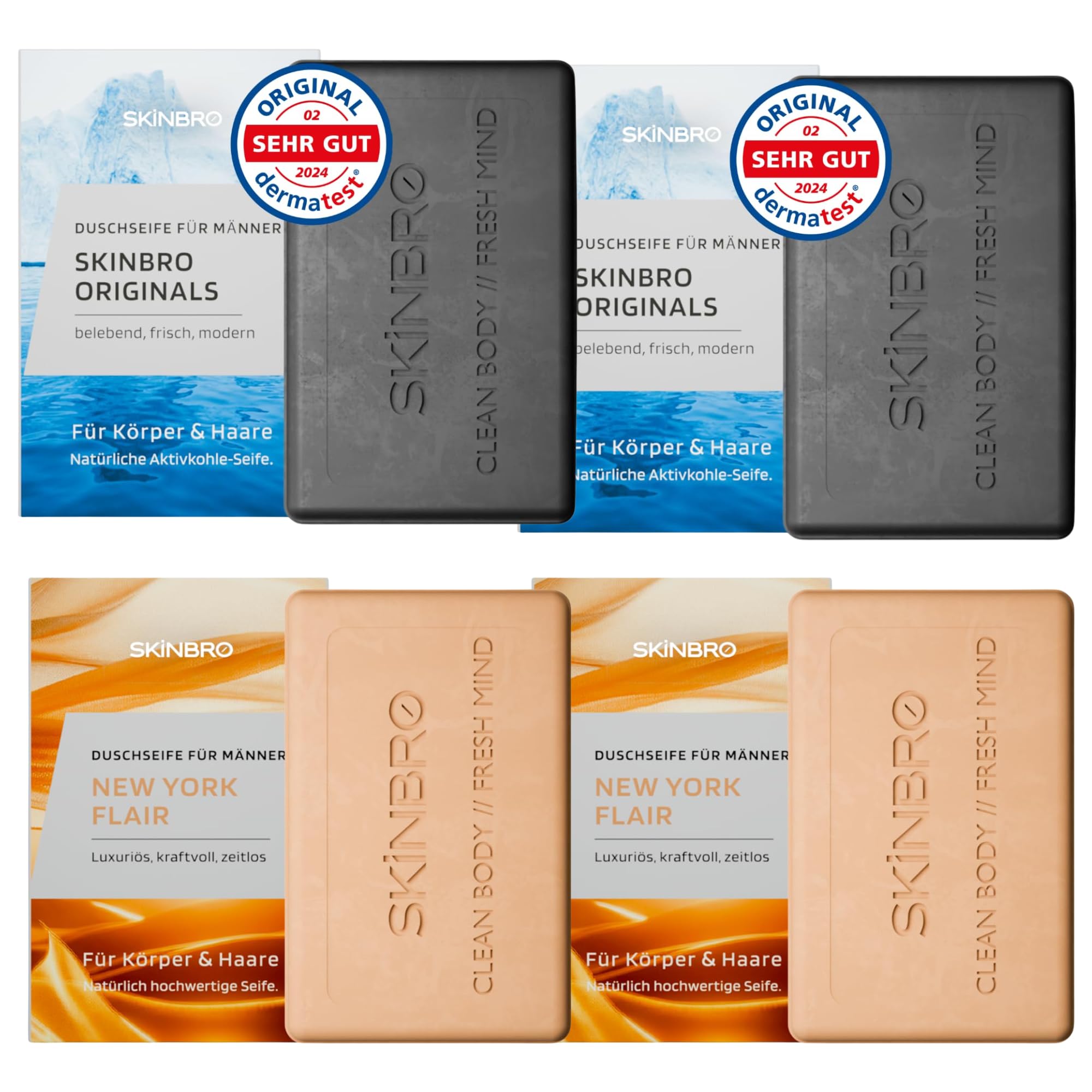 SKINBRO 4er Set Festes Duschgel Männer: 2x Aktivkohle & 2x New York Flair – Vegane Duschseife für Körper & Bart – Nachhaltig & Made in Germany