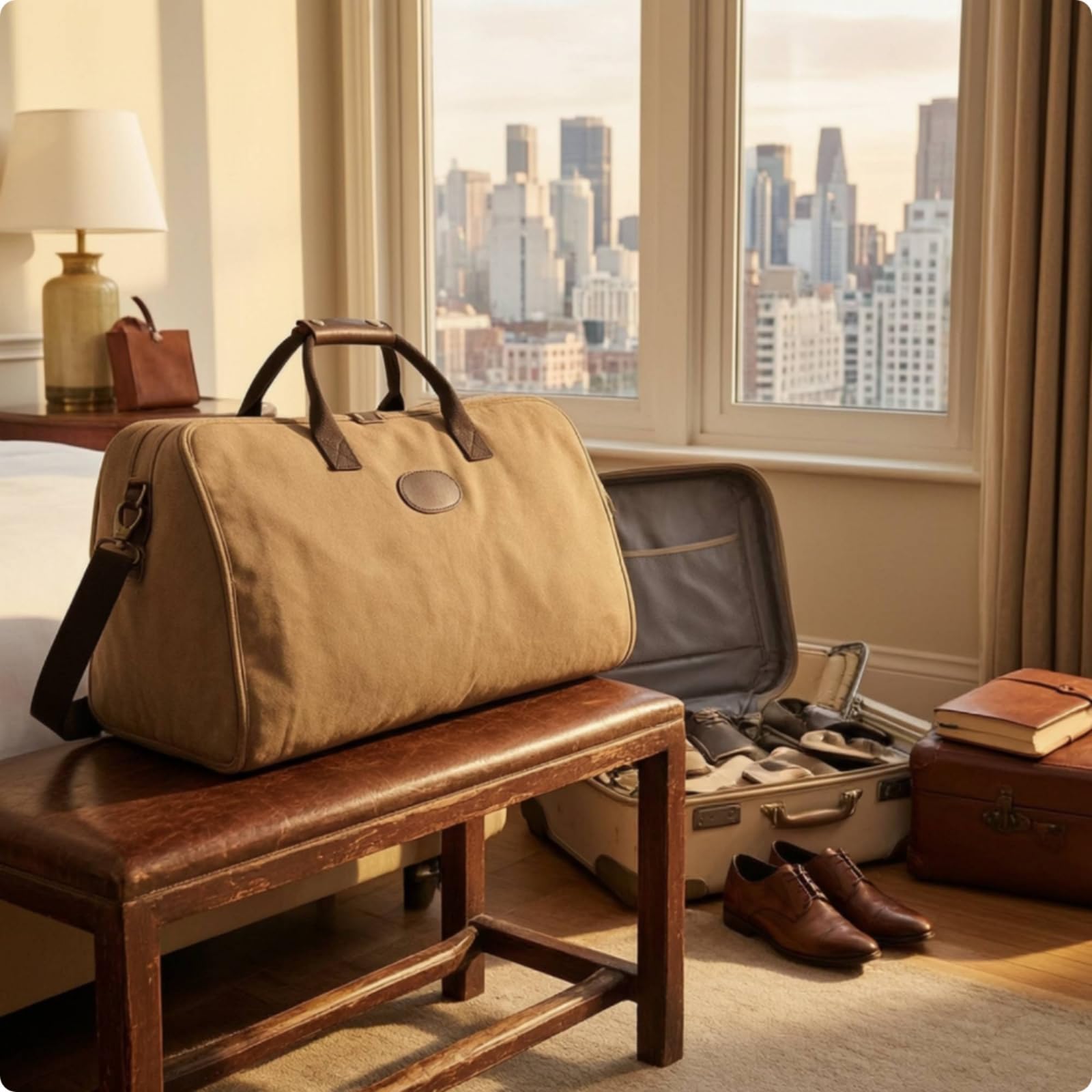 Borsa da Viaggio Pieghevole Borsone Duffel Trolley Valigia Tela con Tracolla Regolabile Manici Rinforzati Struttura Rigida in Tela E Pelle Adatta a, Array, Cachi