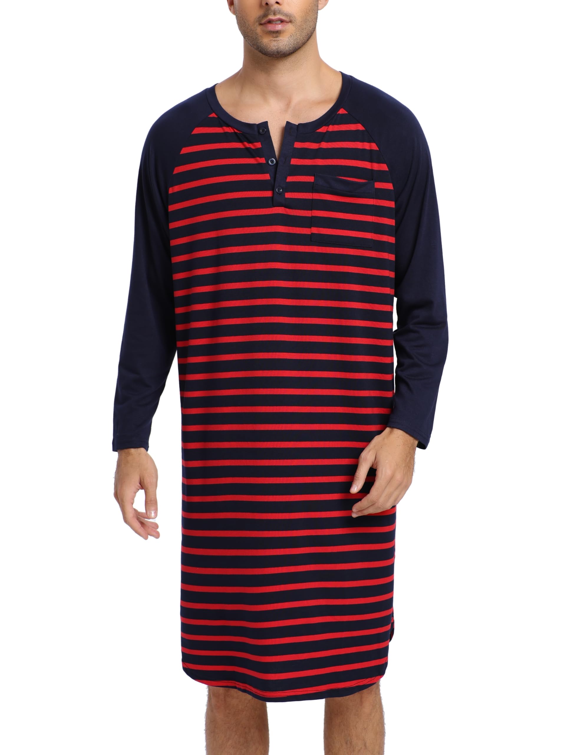 Enjoyoself Herren Nachthemd Langarm Baumwolle Langes Schlafshirt Leicht Luftig Pyjamaoberteil Nachtwäsche für Krankenhaus