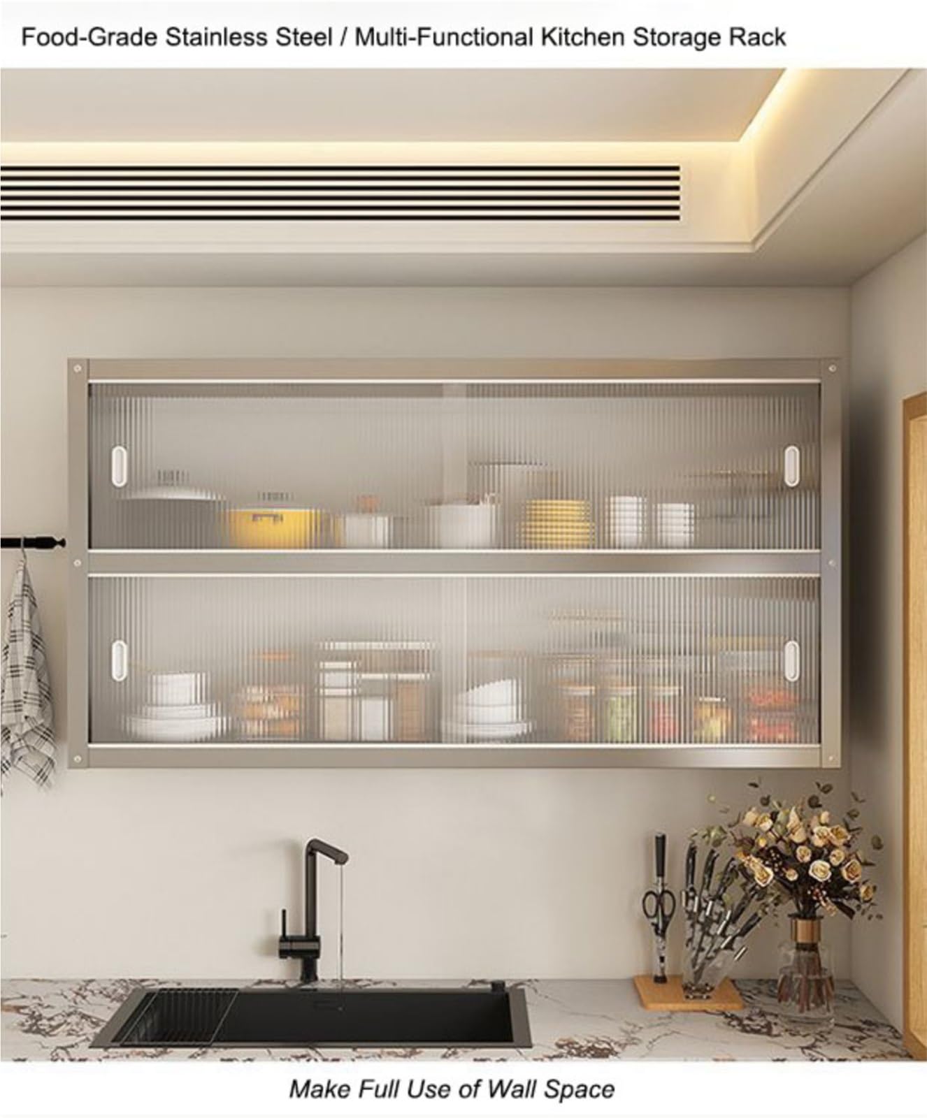 Armadio Pensile Cucina in Acciaio Inox con Ante Scorrevoli, Mobile Pensile da Parete per Cucina, Armadietto di Stoccaggio Murale per Cucina Bagno Ufficio(50x30x40CM)