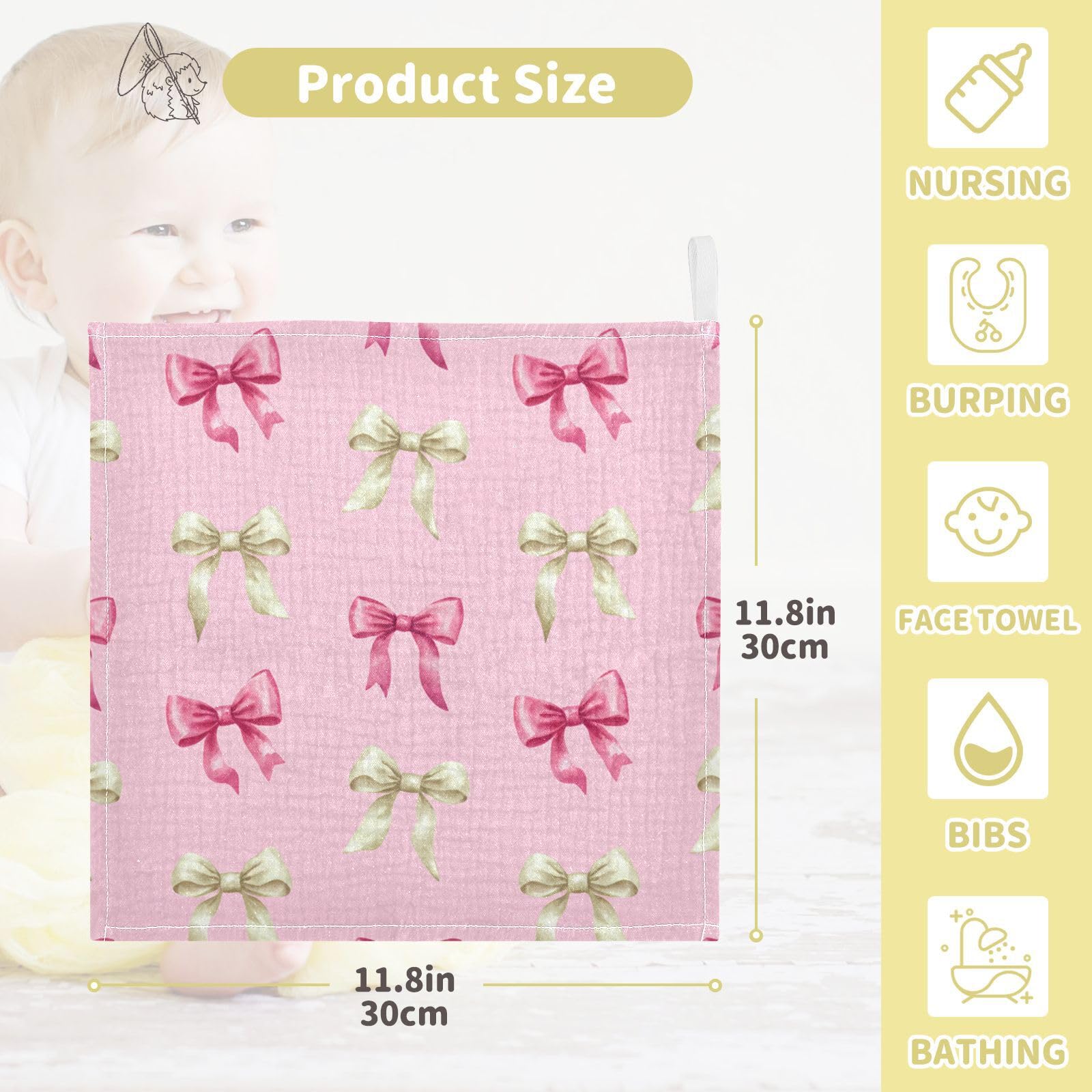 Kigai Cute Pink Bows Baby Washcloths,3pcs Ultra Soft Absorbent Towel,Newborn Bath Face Towel, Natural Reusable Baby Wipes for Sensitive Skin, Baby Registry as Shower