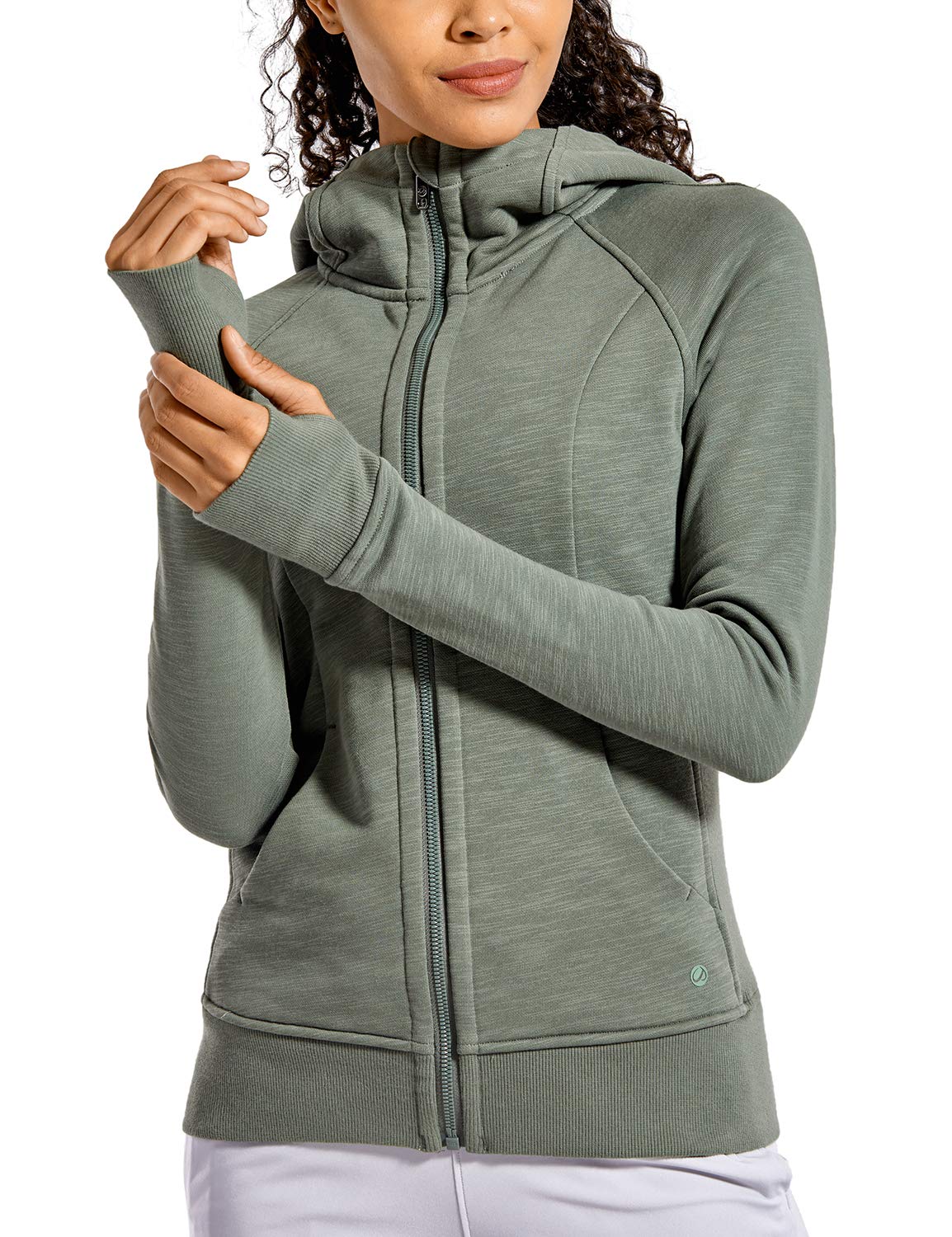 CRZ YOGA Women's Cotton Hoodies Full Zip Slim Fit Athletic Running Jacket Top with Thumb Holes