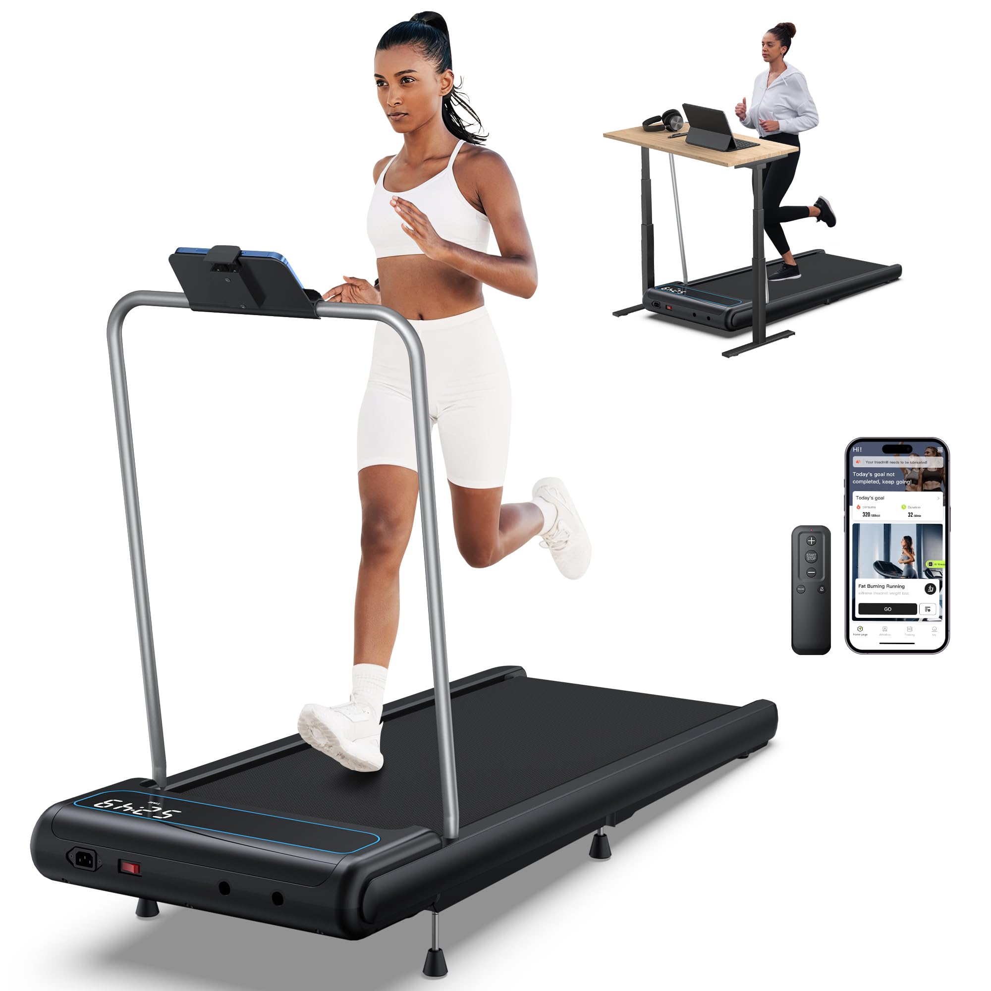 WELLFIT Folding Treadmills with 10% Incline, Under Desk Walking Pad 360lbs Weight Capacity, Treadmill for Home Office with Handle Bar, 3 in 1 Smart Treadmill Work with KINOMAP No Assembly Easy to Move