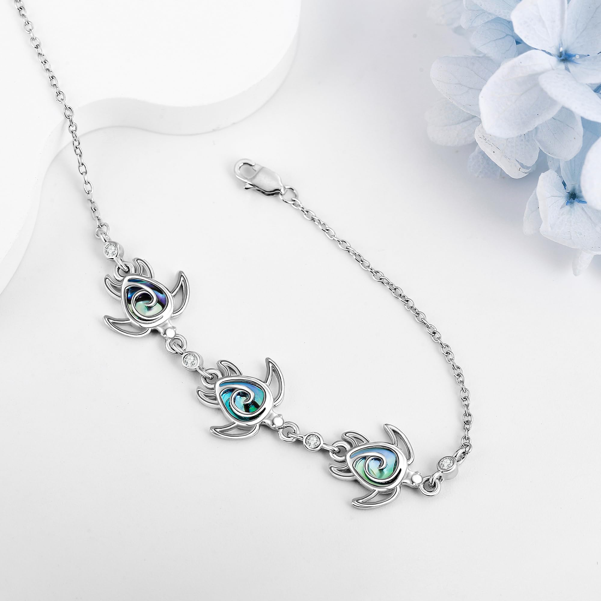 DAYLINLOVE Pulsera de tortuga de plata de ley 925, pulsera de playa, concha de abulón, pulseras de tortuga marina, joyería oceánica, regalos para mujeres amantes de las tortugas, 23 centimeters, Plata