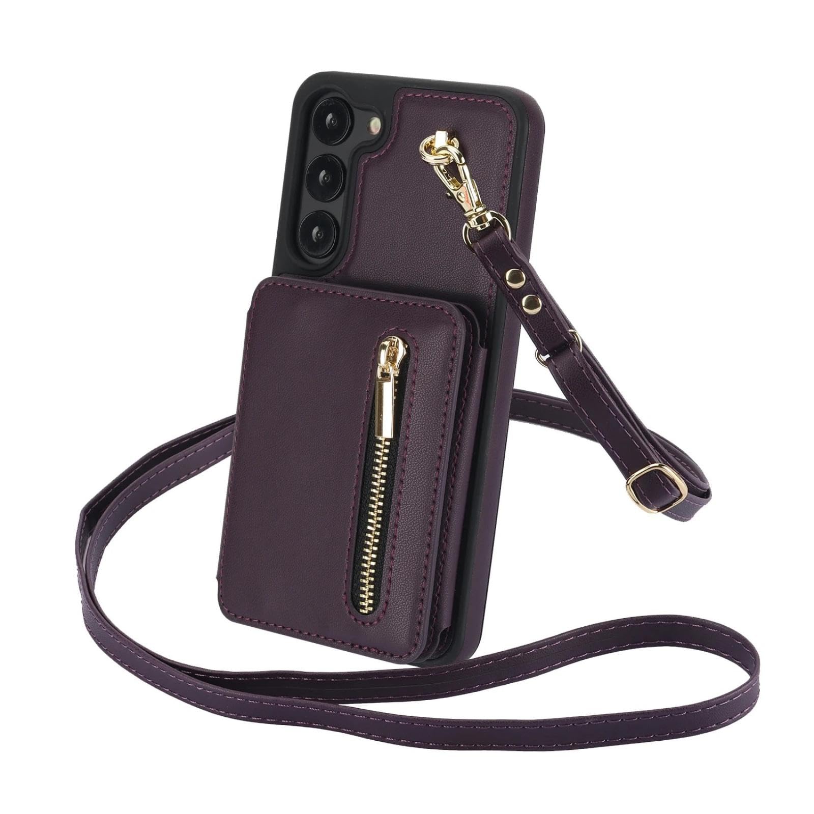 Etui do Samsung S22Ultra smycz crossbody, zamek błyskawiczny, karty, podpórka, kieszeń portmonetka pokrowiec (dla Samsung S22Ultra/ciemnofioletowy)