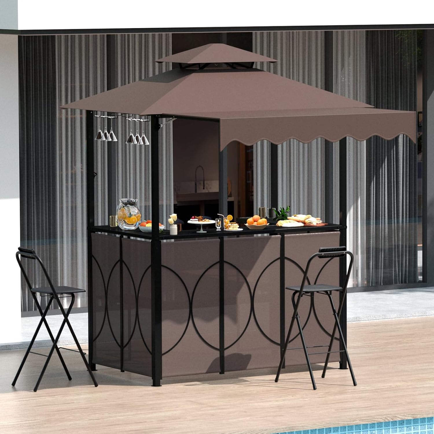 Grepatio 3 Piece Patio Bar Set with Canopy, Grill Gazebo with Bar Table and 2 Foldable Stools, Outdoor Bar Set with Storage Shelves, Extra Adjustable Shadow, Glass Holders for Garden Backyard