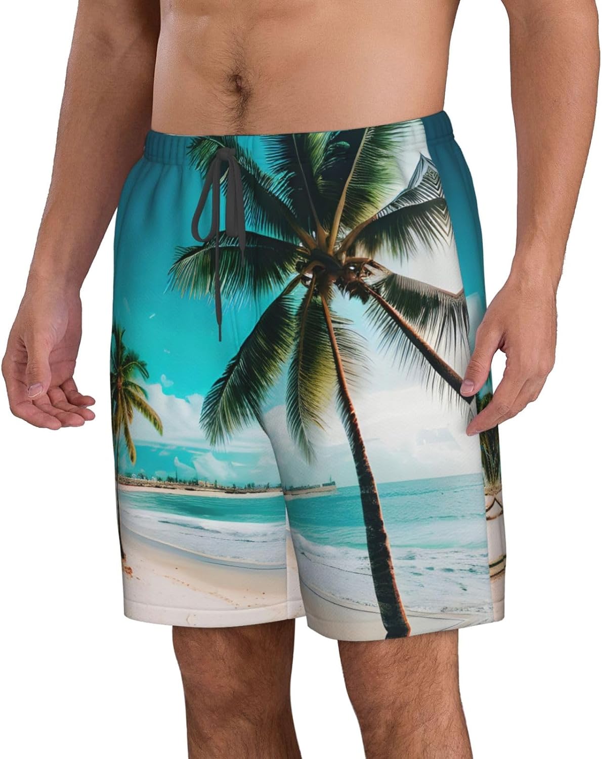 Beach Palm Trees Print Men's Quick-Drying Shorts Casual Beach Pants Stretch Waist Shorts and Pockets