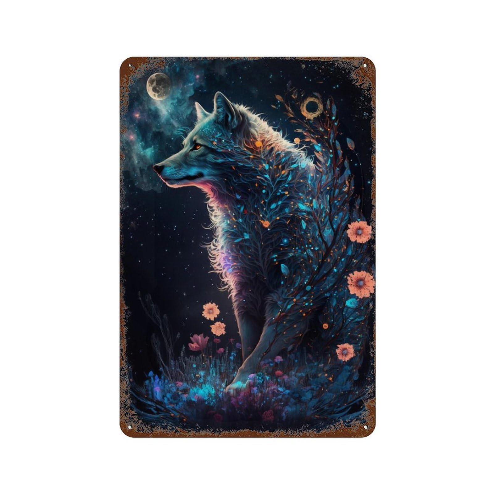 Garage Style Magical Wolf in Fantasy Forest Decorative Tin Sign 11.8"x7.9", Novelty Wall Decor for Bar And Workshop