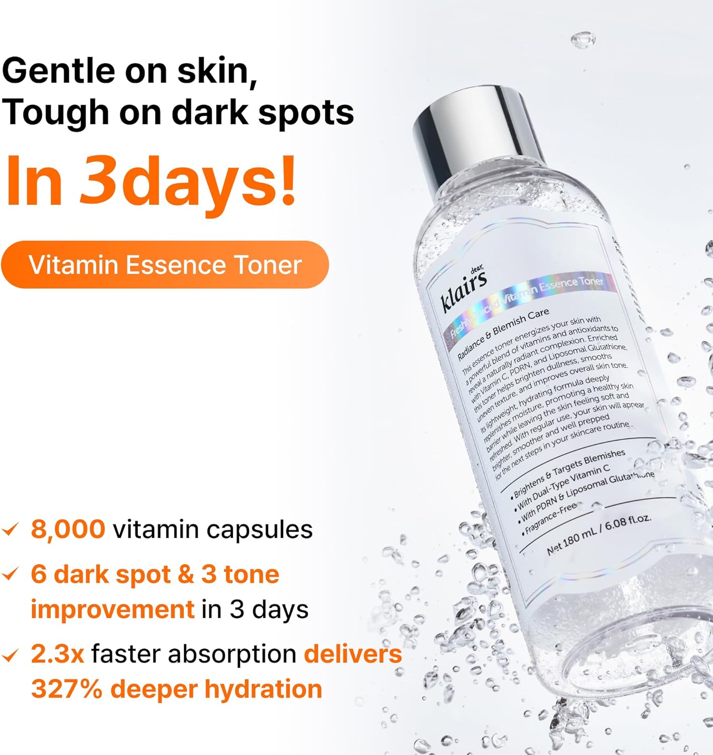 DearKlairs Freshly Juiced Vitamin C Toner, Vegan PDRN Essence, Dull Uneven Skin Tone, Non-Sticky, Dark Spot Care, Vitamin C Capusules, Fragrance Free 6.08 Fl Oz - Image 2