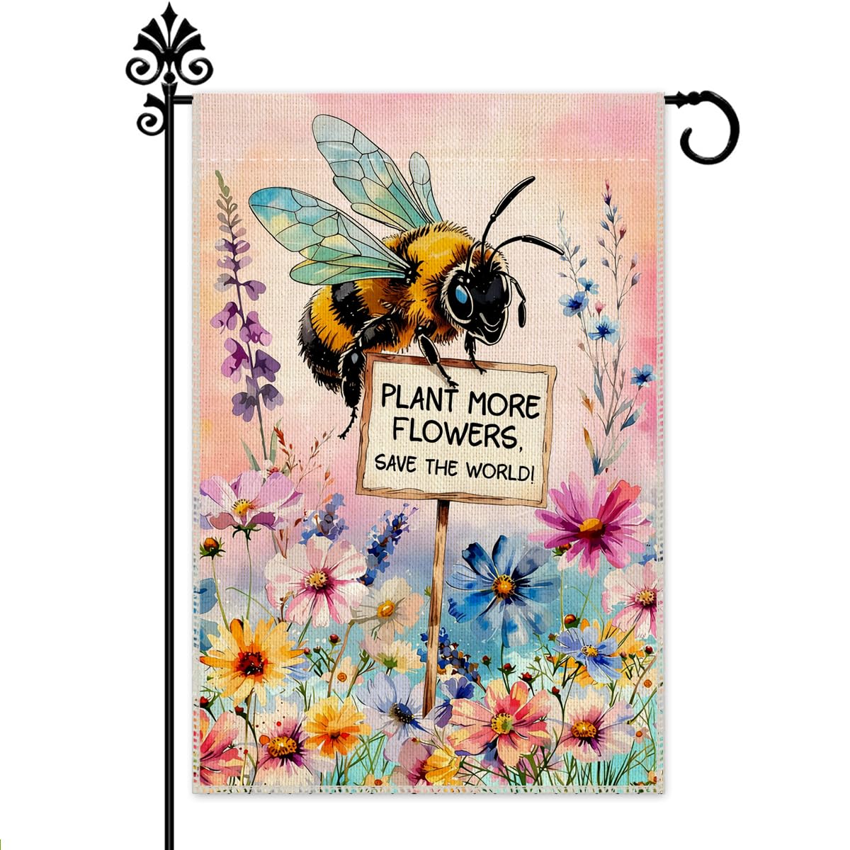 Drapeau de jardin aquarelle double face 30x45cm Hafhue imprimé fleurs et abeille pour cour
