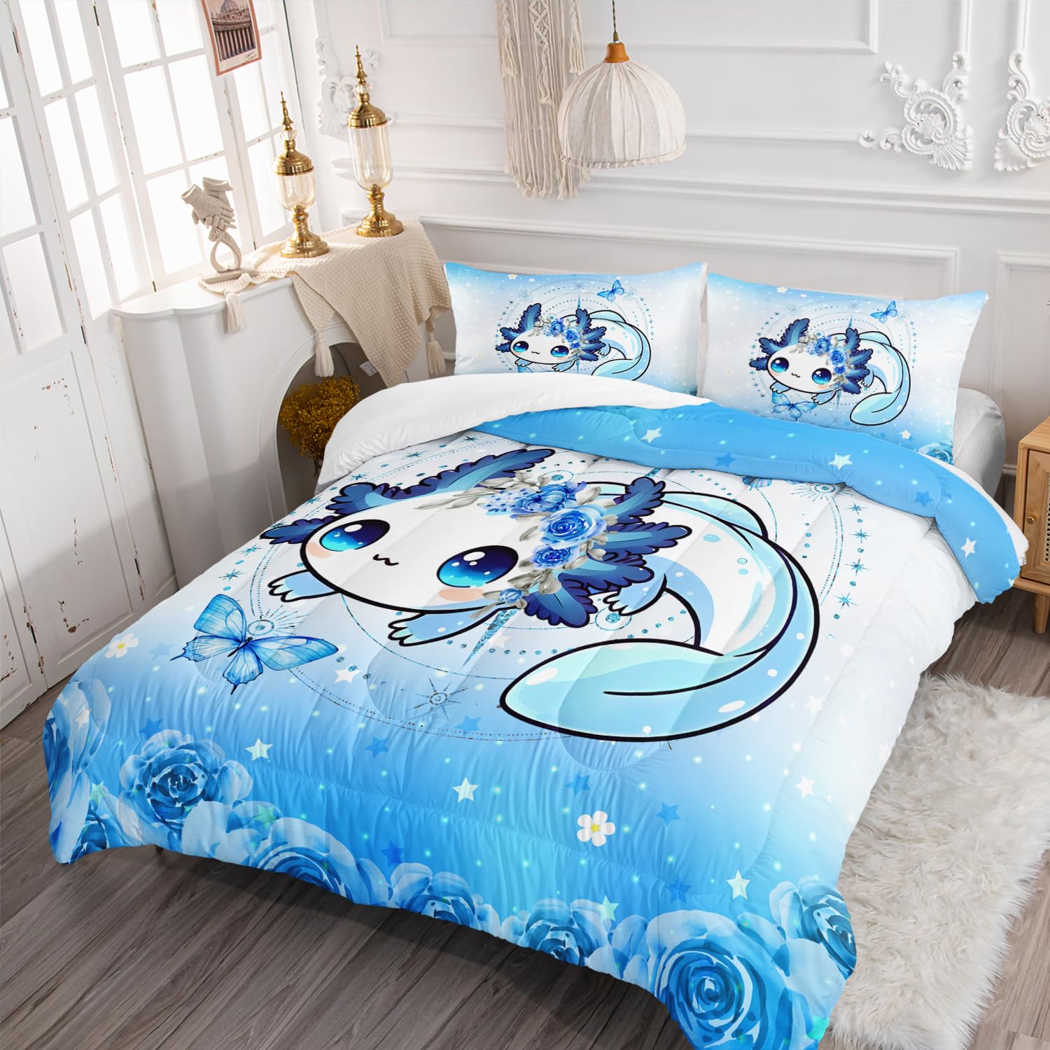 AILONEN Cartoon Axolotl Kids Comforter Set Twin Size, Blue Axolotl Printed Kawaii Bedding Set Girls Bed in a Bag, 3 Pieces, Wildlife Animals Salamander Comforter with 2 Pillowcases