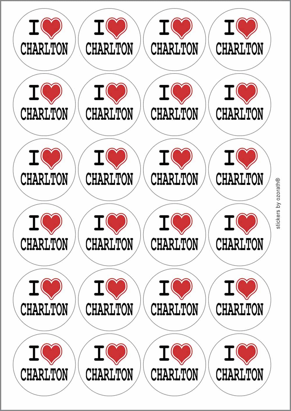 I Heart Love Charlton Circular Matt Paper Stickers A4 Sheet of 24 (Each Sticker is 45mm Diameter)