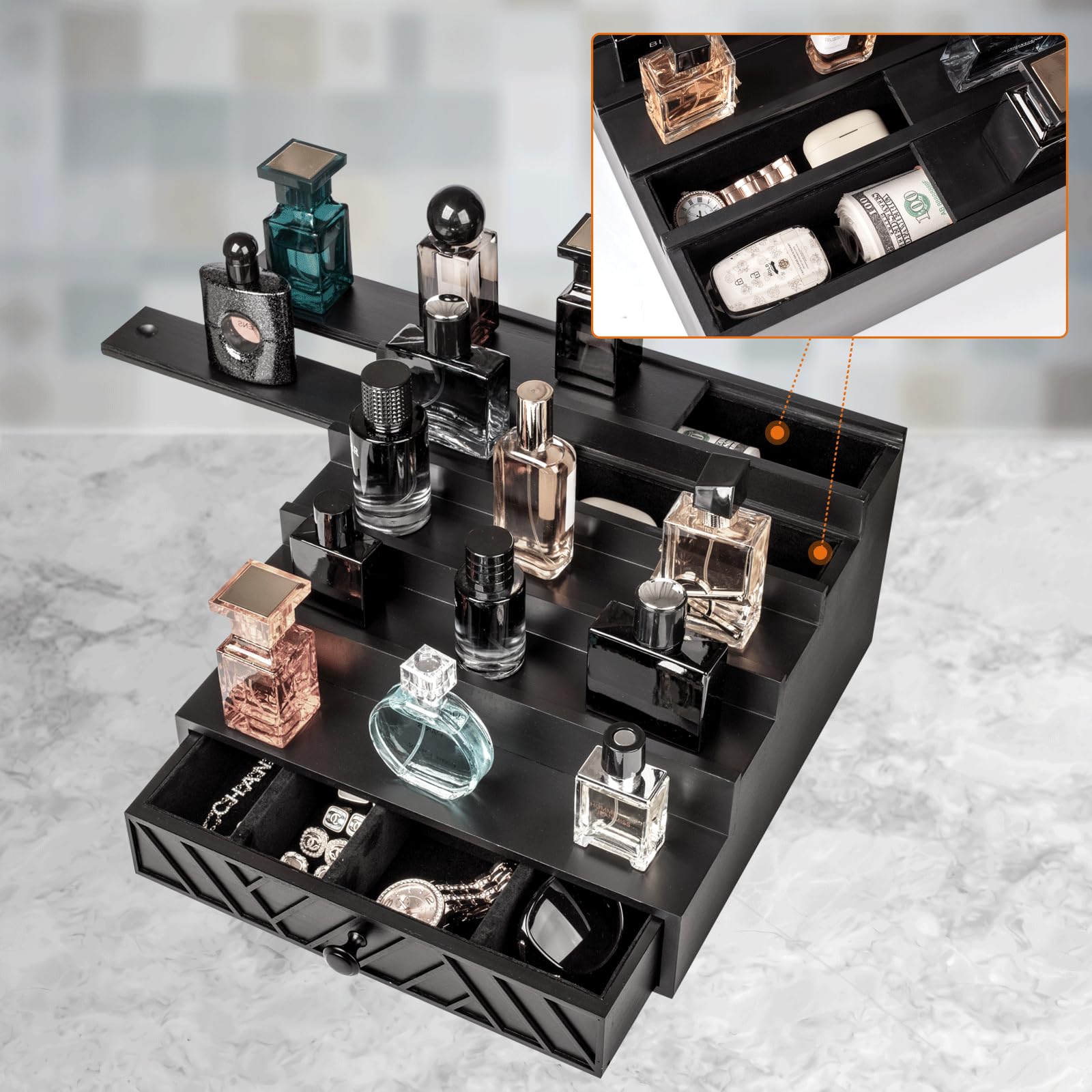 Organizador de Colonia de Madera 5 Niveles con Cajón Oculto | Estante Decorativo para Dormitorio y Baño, Expositor de Perfumes con Diseño Geométrico Moderno