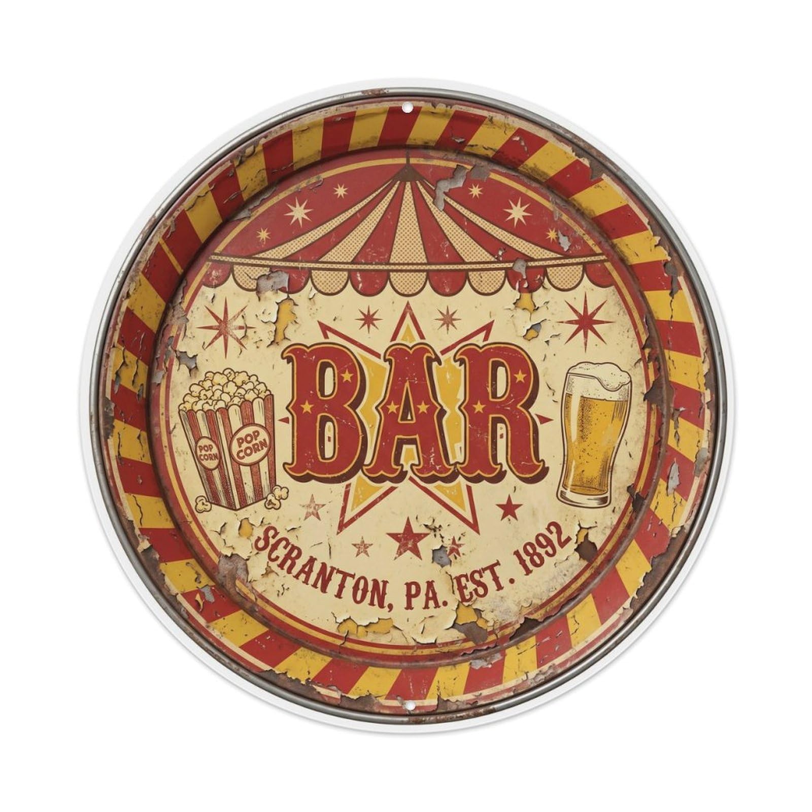 BAR Circus Carnival Plate Metal Tin Sign Plaque Wall Decor for Cafe, Club Bar, Office, Home Garden Round Metal Poster 8x8Inch