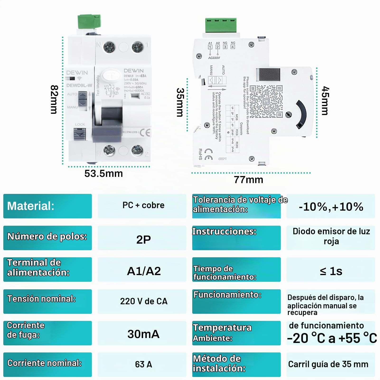 DEWIN WiFi Interruptor Diferencial 63A 30mA, MCB/RCCB Magnetotermico 63A Inteligente WiFi Disyuntor Diferencial, Controla manualmente el reinicio y la desconexión mediante la aplicación
