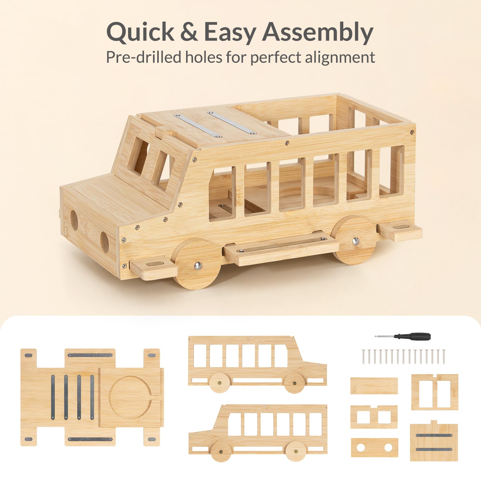 Todeco Étagère Magnétique à Poser, pour Tonies et Toniebox, Bus 3D | 20-30 Tonies, Bande Magnétique Renforcée, Compatible avec Station de Charge, Matériel de Montage Inclus, Bambou Robuste