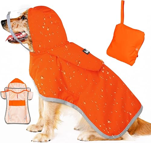SlowTon Dog Raincoat, Adjustable Dog Rain Jacket Clear Hooded Double Layer, Waterproof Dog Poncho with Reflective Strip Straps and Storage Pocket for Small Medium Large Dogs Puppies(OR XXL)
