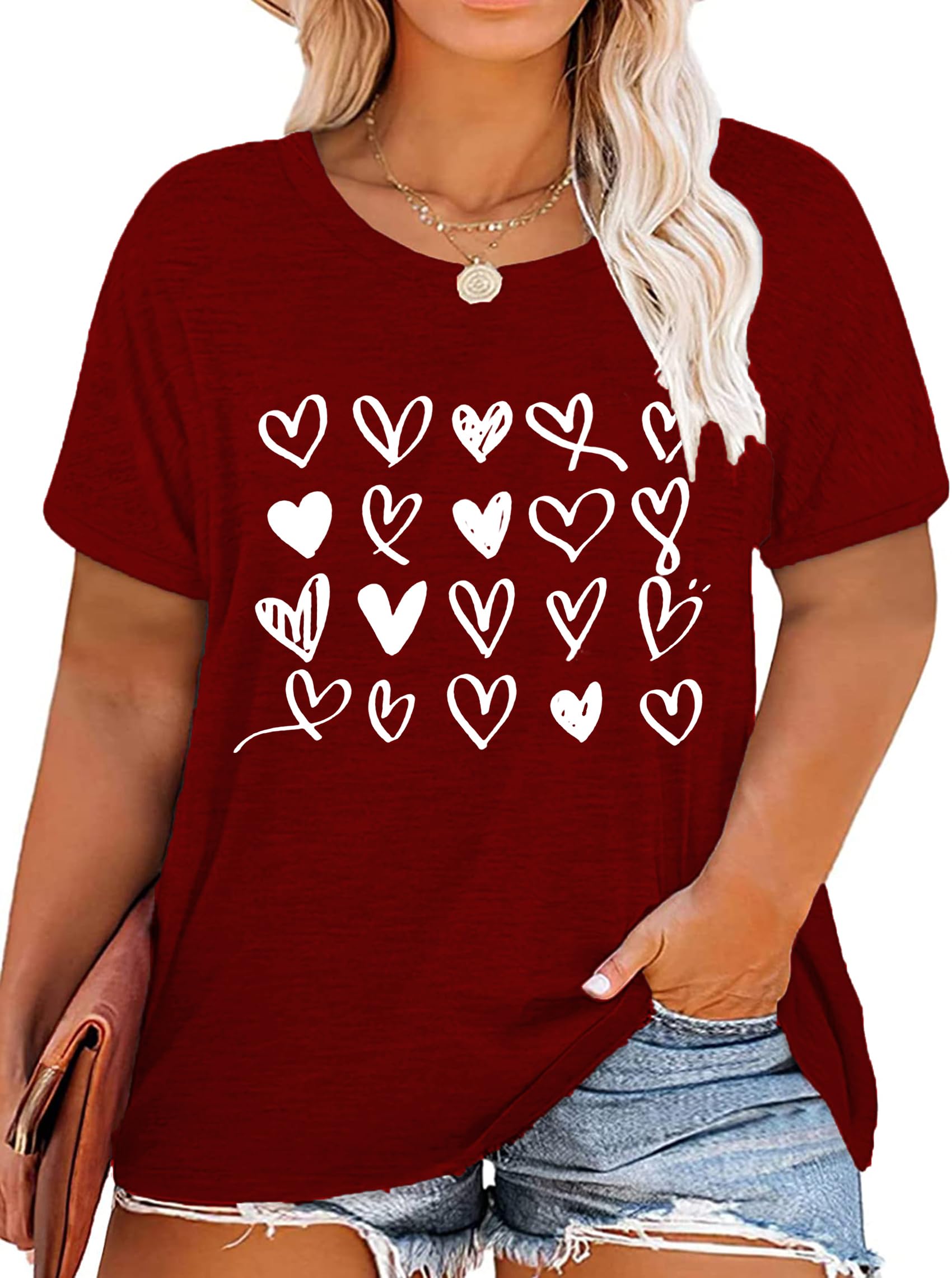 QAUNPlus Size Valentine's Day Shirts for Women Heart Print Graphic Tees Teacher Valentine Shirt Casual Tops