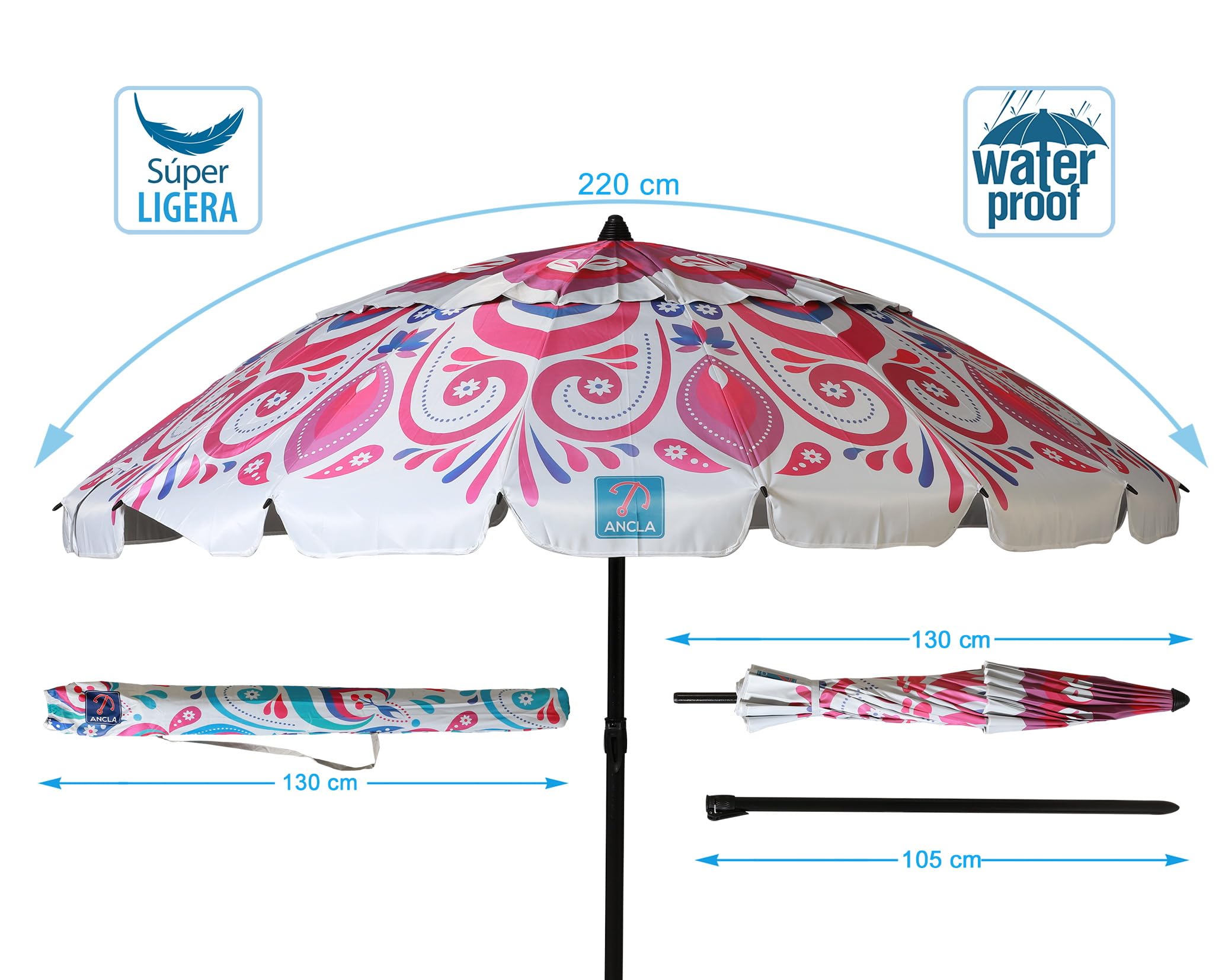 ATOSA atosa sombrilla de playa reclinable de aluminio modelo mándala floral con upf 50+ fucsia