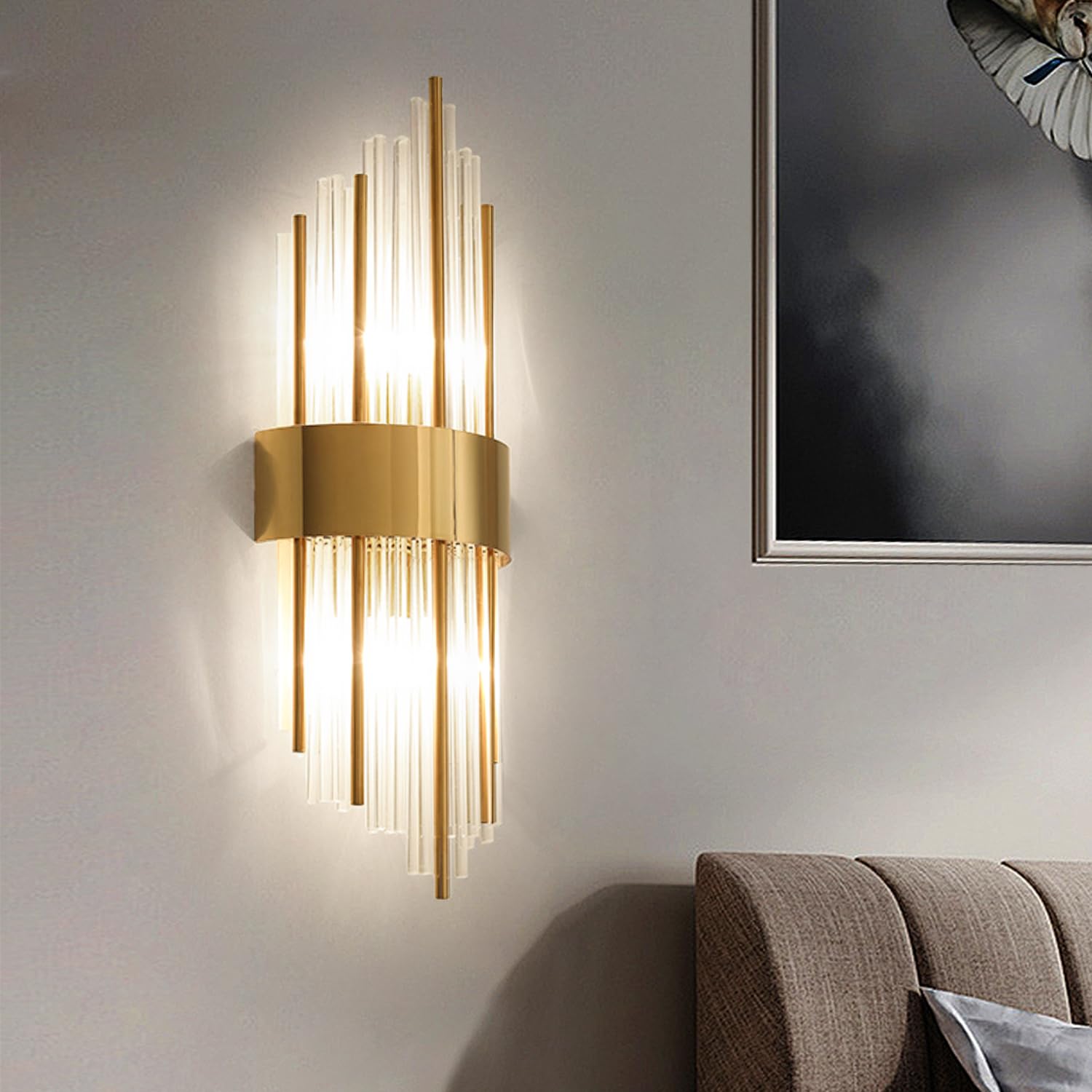 Lampada a Muro Design Tubo di Vetro, Applique Oro Vetro E14, Lampada Vintage, Applique da Parete Interno Moderno Classico per Camera da Letto Comodino
