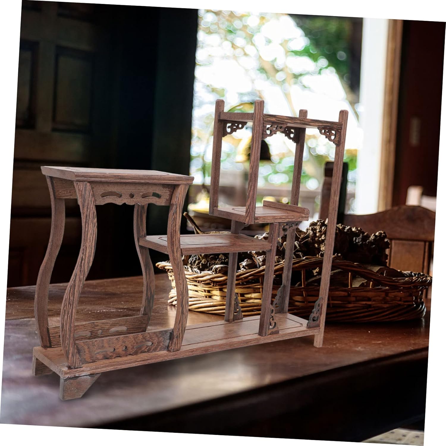 Antique Wooden Curio Display Rack Wood Tea Canister Stand 3-Tier Design for Home Decor Vintage Display for Wooden Crafts and Collectibles