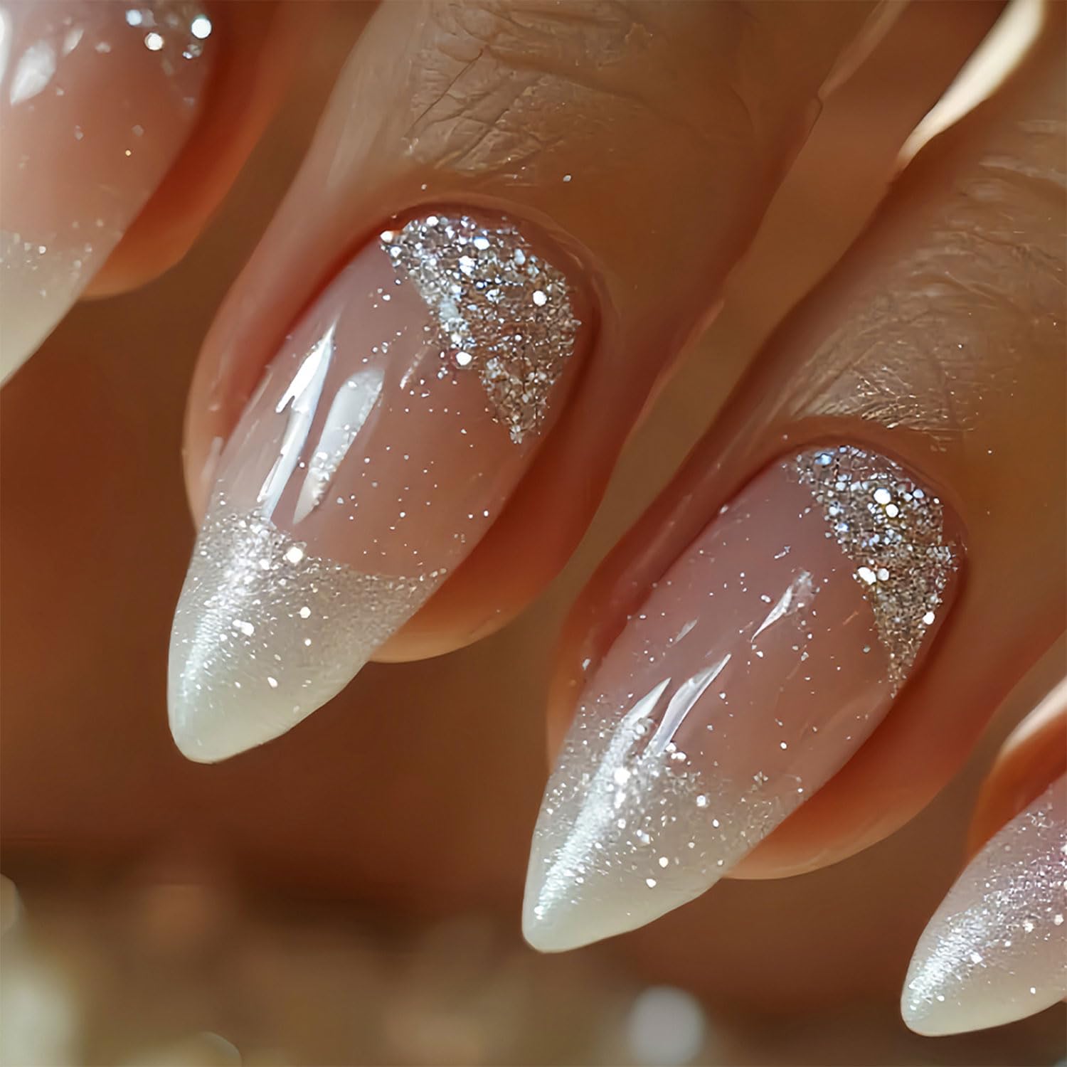 French Tip Press on Nails Medium Almond Fake Nails with Glitter Designs Acrylic Nails Full Cover Nail Press Ons Glossy Stick on False Nail for Women Manicure 24Pcs