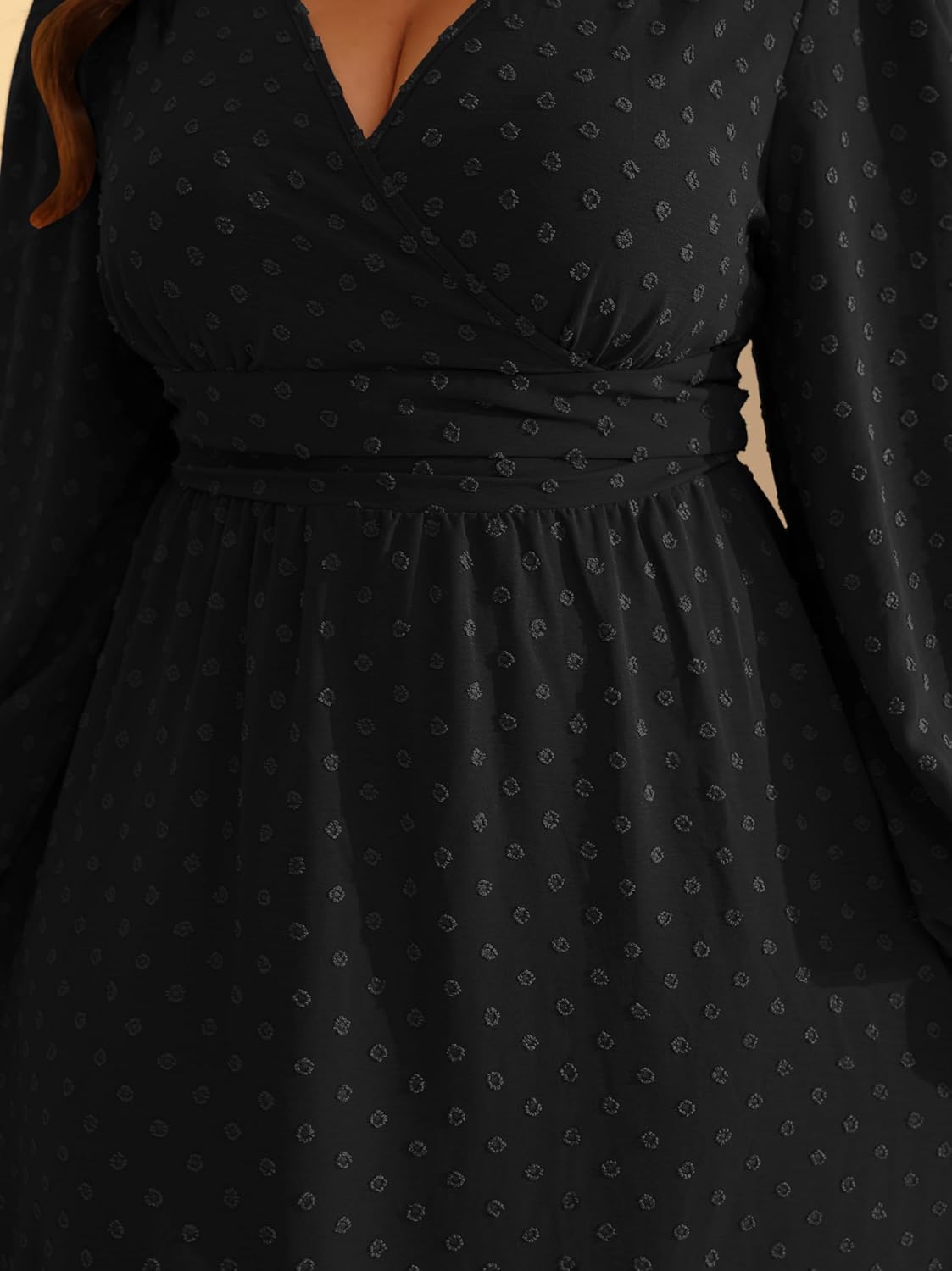RWJ Women's Plus Size Fall Wedding Guest Dress Wrap V Neck Swiss Dot Lantern Long Sleeve Swing Boho Casual Dresses - Image 2