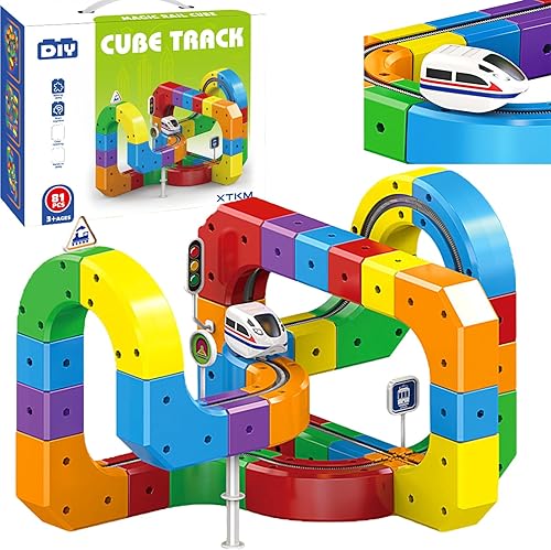 klick Rail - Juego de tren eléctrico, 81 piezas de cubo de construcción de tren de juguete para niños de 3, 4, 5, 6, 7, 8 años, pistas mágicas 3D