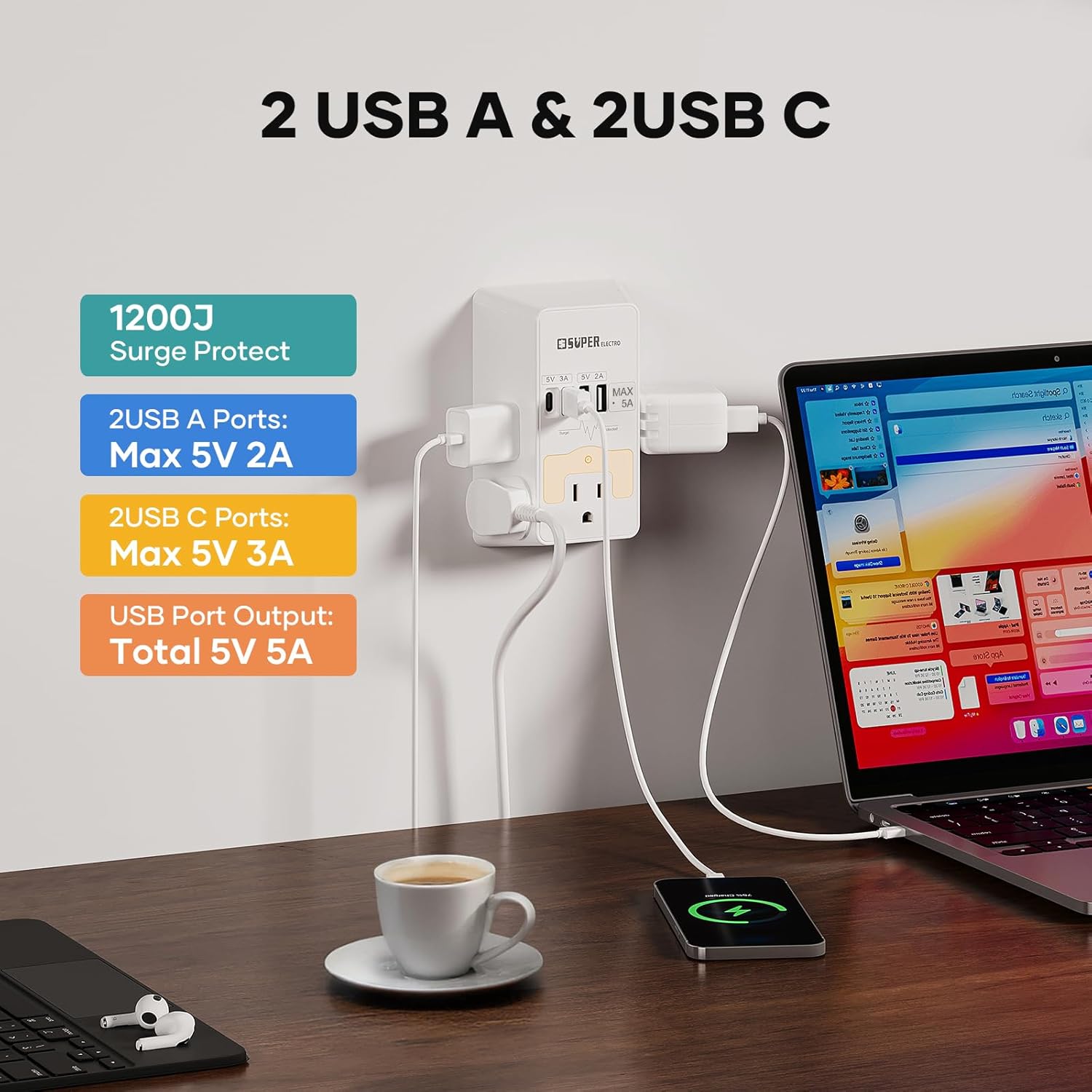 Multi Plug Outlet Surge Protector -Super Electro 5 Outlet Extender with 4 USB Charging Ports (5V 5A),with Night Light,3-Sided 1200J Power Strip Multi Plug Adapter for Home