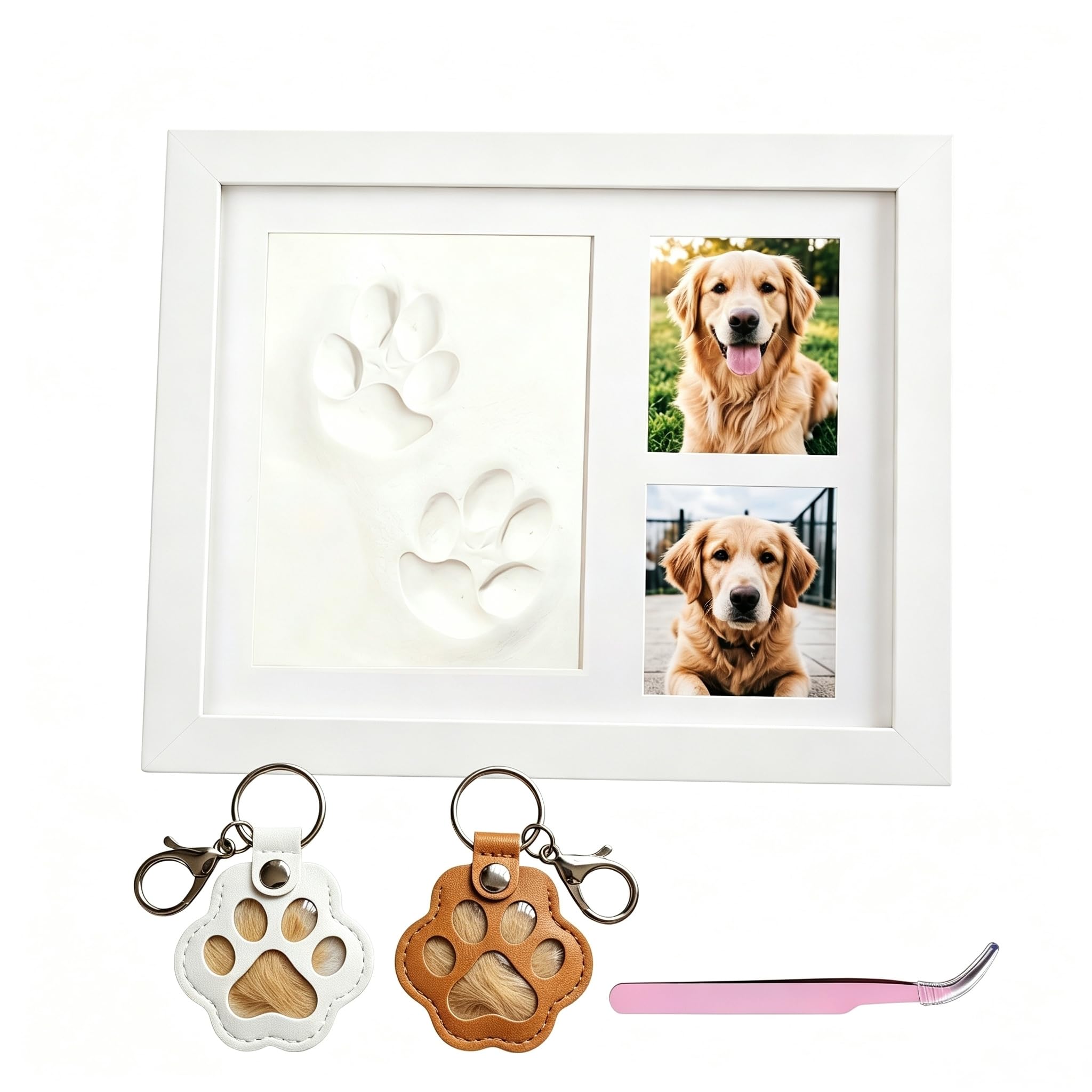 Huella de arcilla para mascotas JOLIEORA           con marco de madera y 2 llaveros de piel para recuerdo