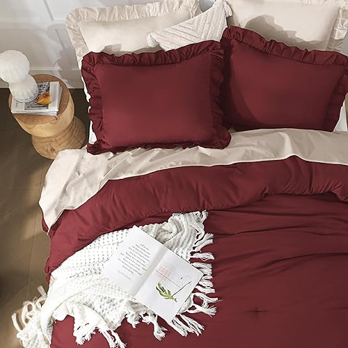 Miniatura 3 de Andency - Juego de edredón borgoña tamaño matrimonial, 3 piezas, elegante desgastado con volantes, para uso todo el año, microfibra suave y