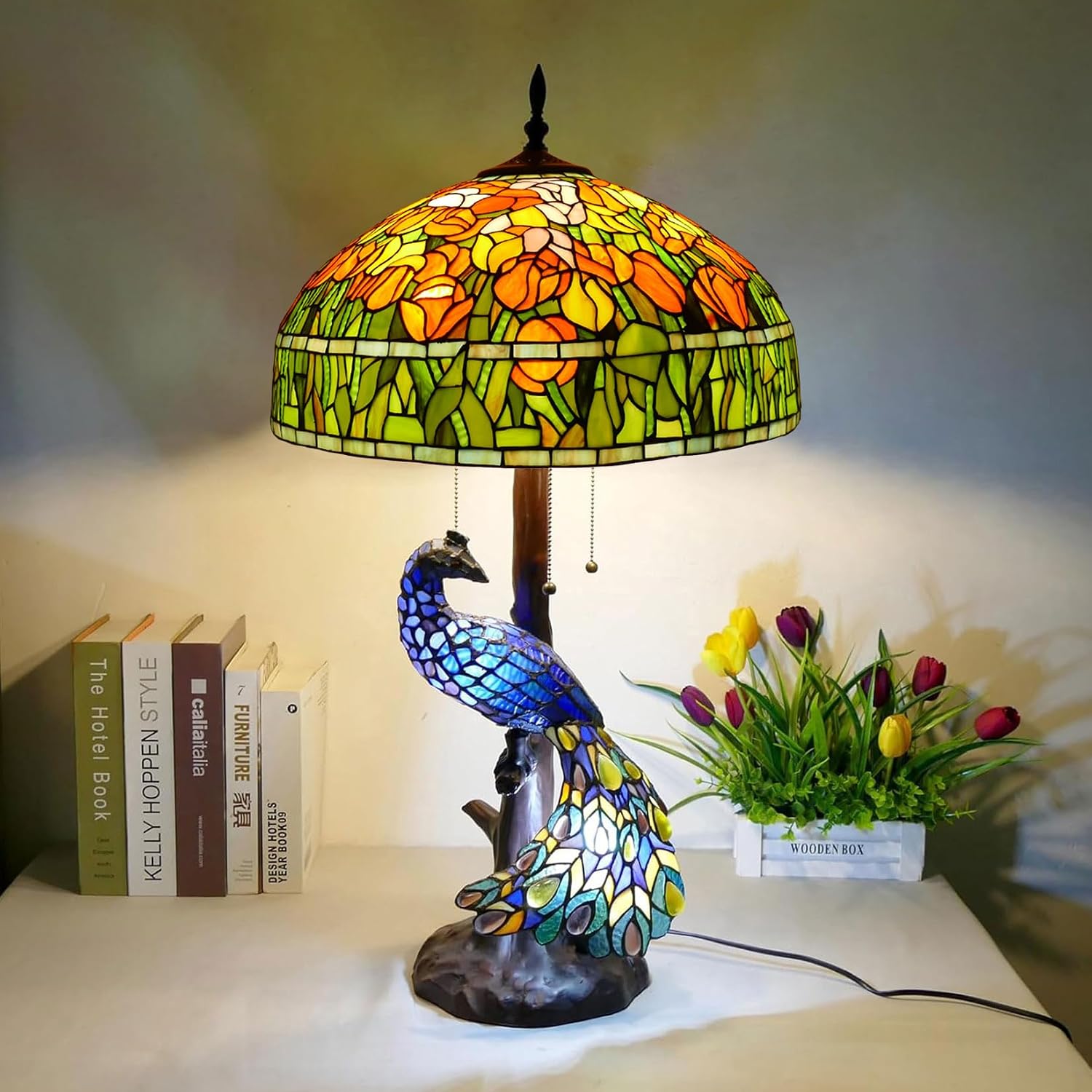20 Inch Lamp Shade Replacement, Only Tiffany Style Stained Glass Lamp Chimney, Floral Design, Red Green Pink Blue Yellow Fit for Table Lamp, Pendant Light, Floor Lamp,Tulip