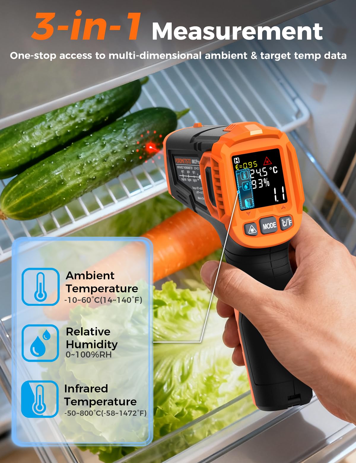 Termometro Infrarossi Professionale POROMETISTO, Pirometro IR -50~800°C