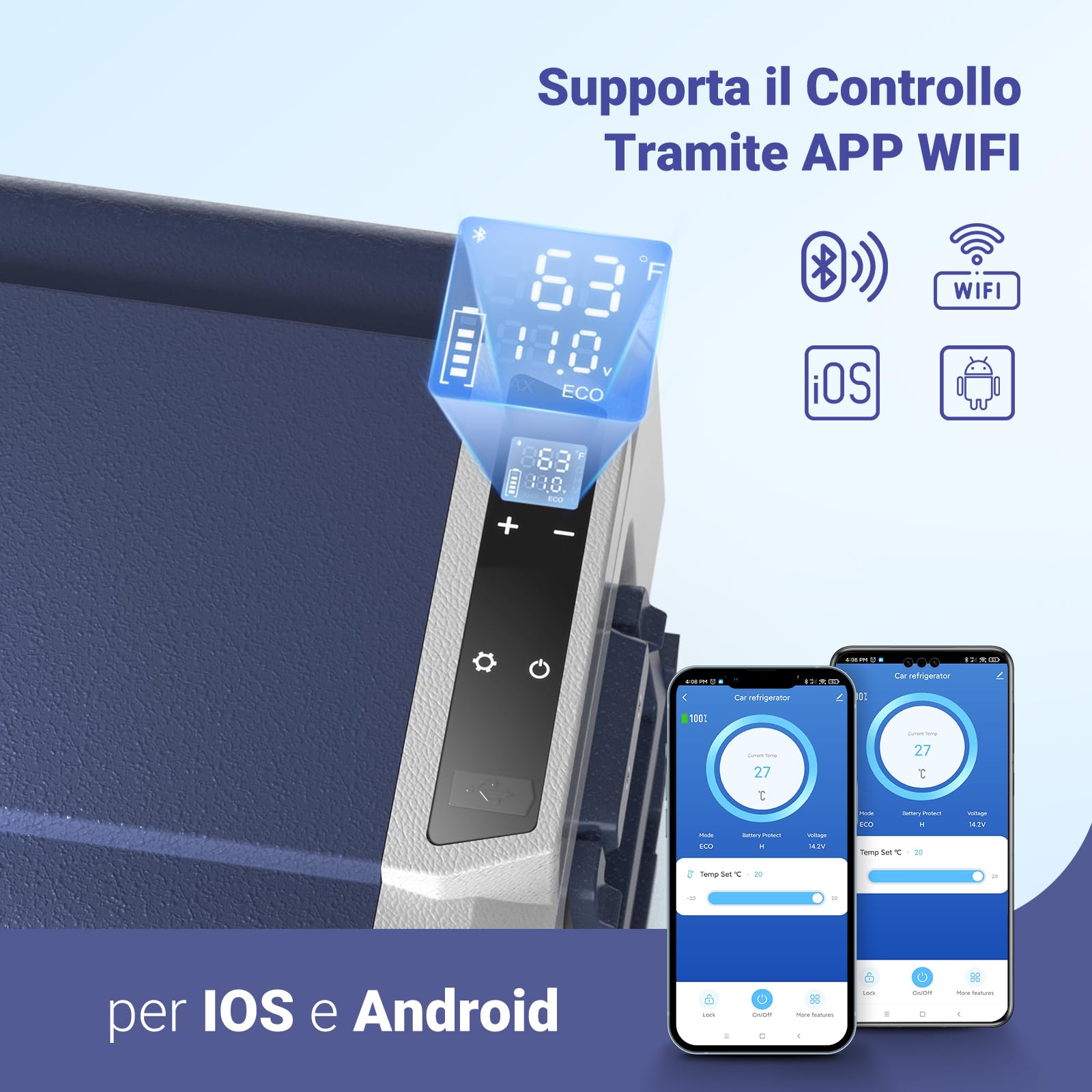 AAOBOSI Frigo Portatile 60 L, Frigo Per Auto, Frigorifero da Viaggio con APP, -20 ℃ a 20 ℃, 12/24 V DC e 100/240 V AC,Per Auto, Camion, Camper, Barca e Presa Di Corrente, Zona Singola