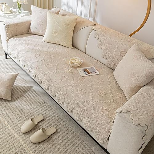 Miniatura 5 de vctops Funda acolchada para sofá de 100 % algodón, con bordado floral, antideslizante, suave, protector de muebles lavable (caqui, 43 x 70 pulgadas)
