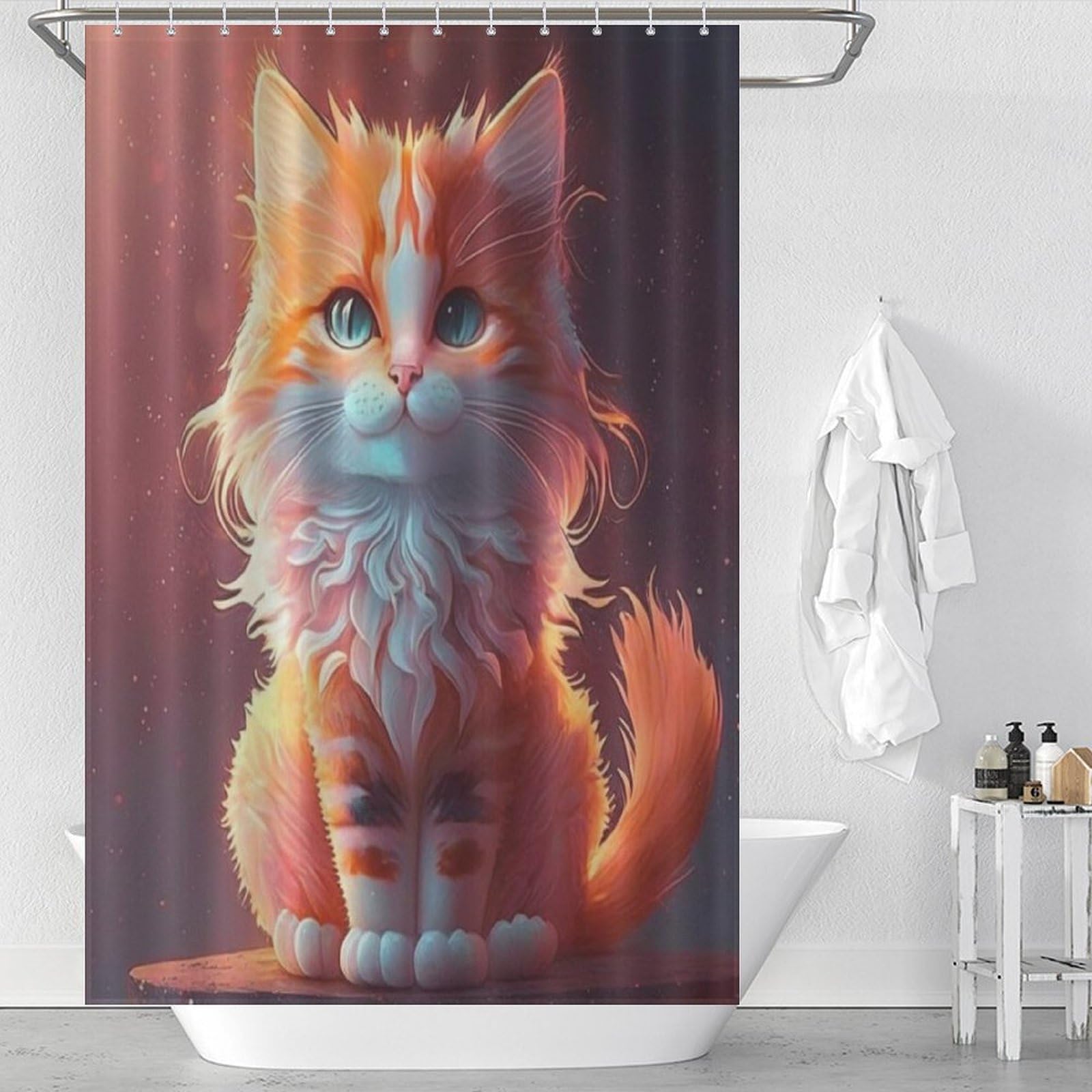 Rideau de douche chat mignon en polyester lavable pour baignoire 122x183cm