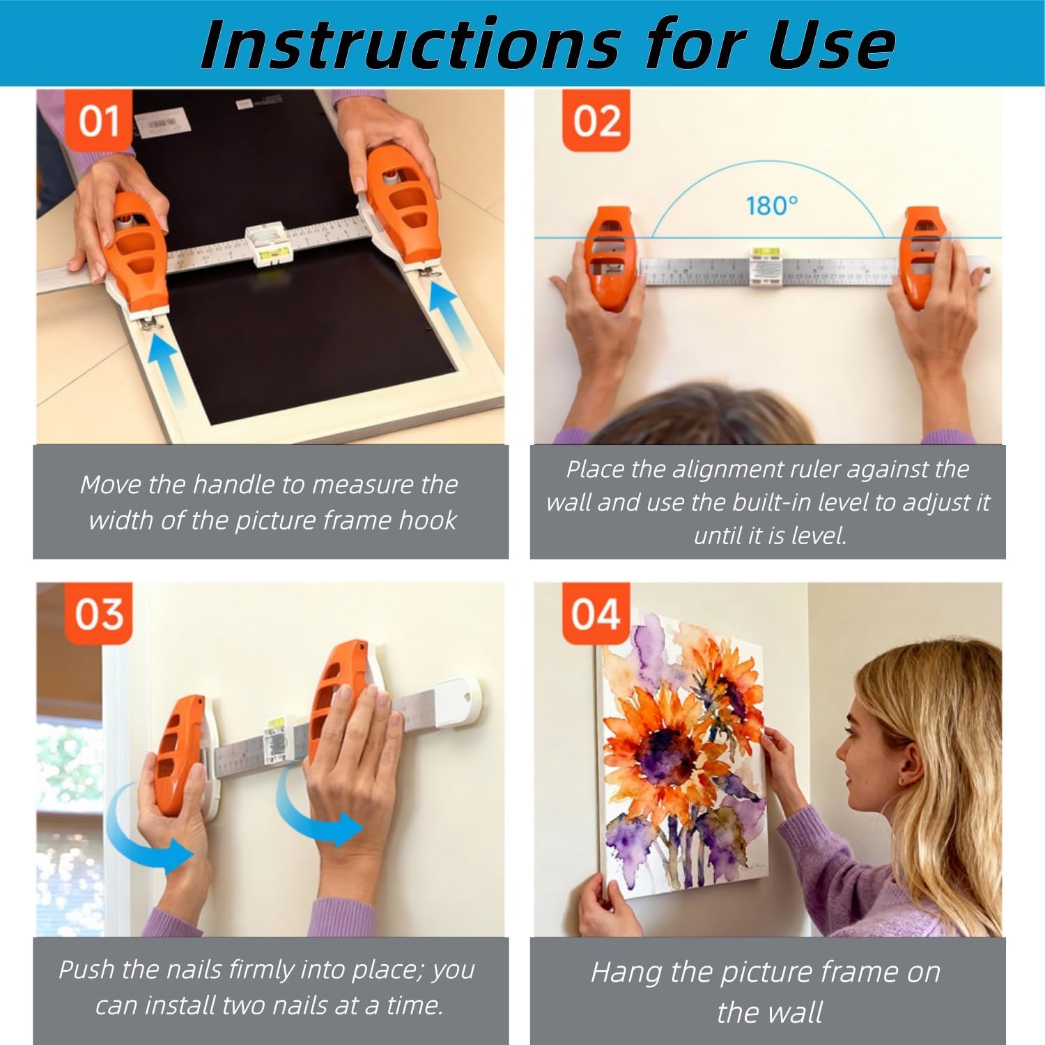 2026 Creative Wall Hanging Tool with Level, Picture Hanging Leveling Tool & Picture Hanging Ruler with Level, Bubble Level & Marking Guide for Wall Art, Mirrors, Shelves (orange)