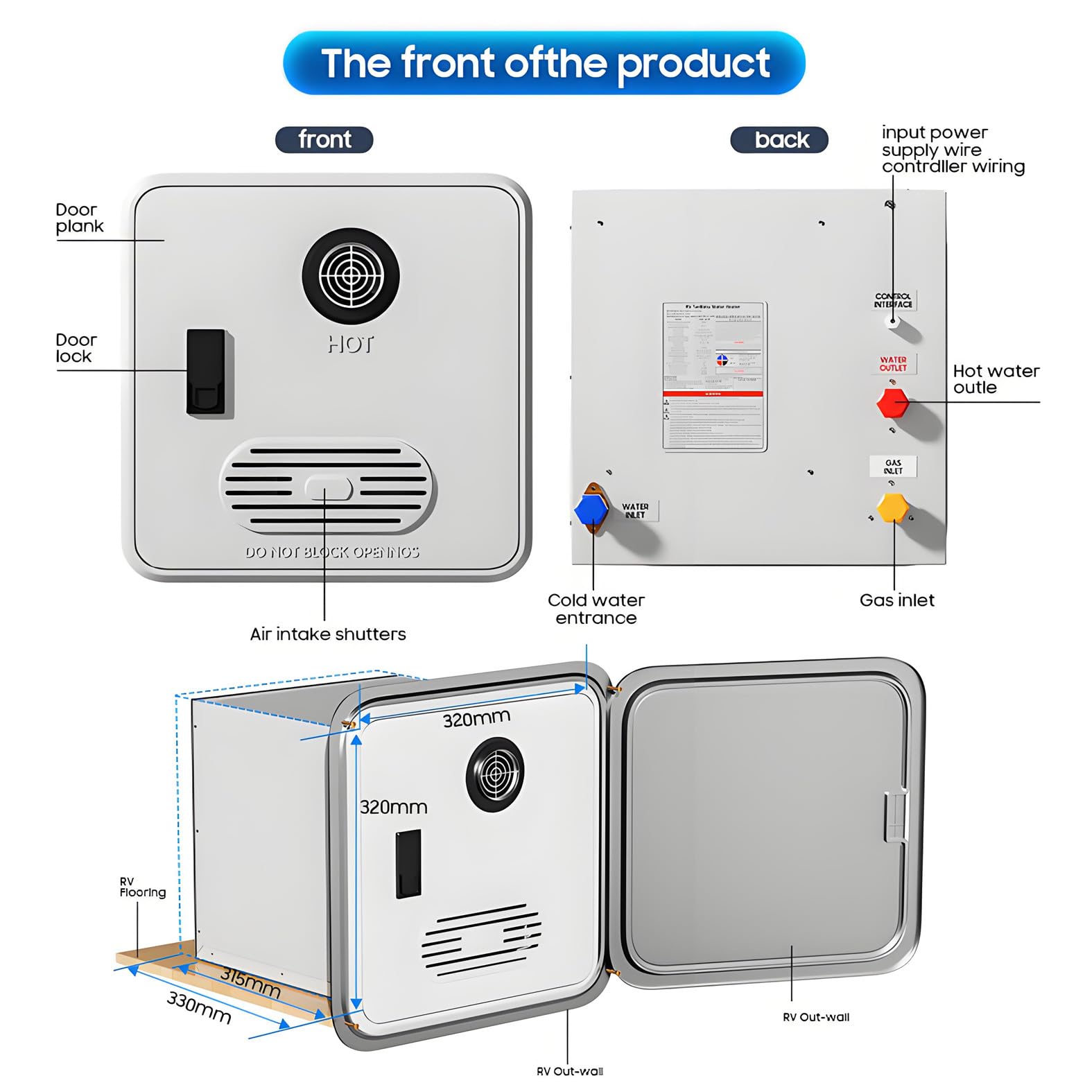 Scaldabagno istantaneo per Camper, Doccia istantanea, CC 12 V, con Porta da 15 x 15 Pollici, scaldabagno istantaneo a propano per Camper, scaldabagno per Doccia da Campeggio