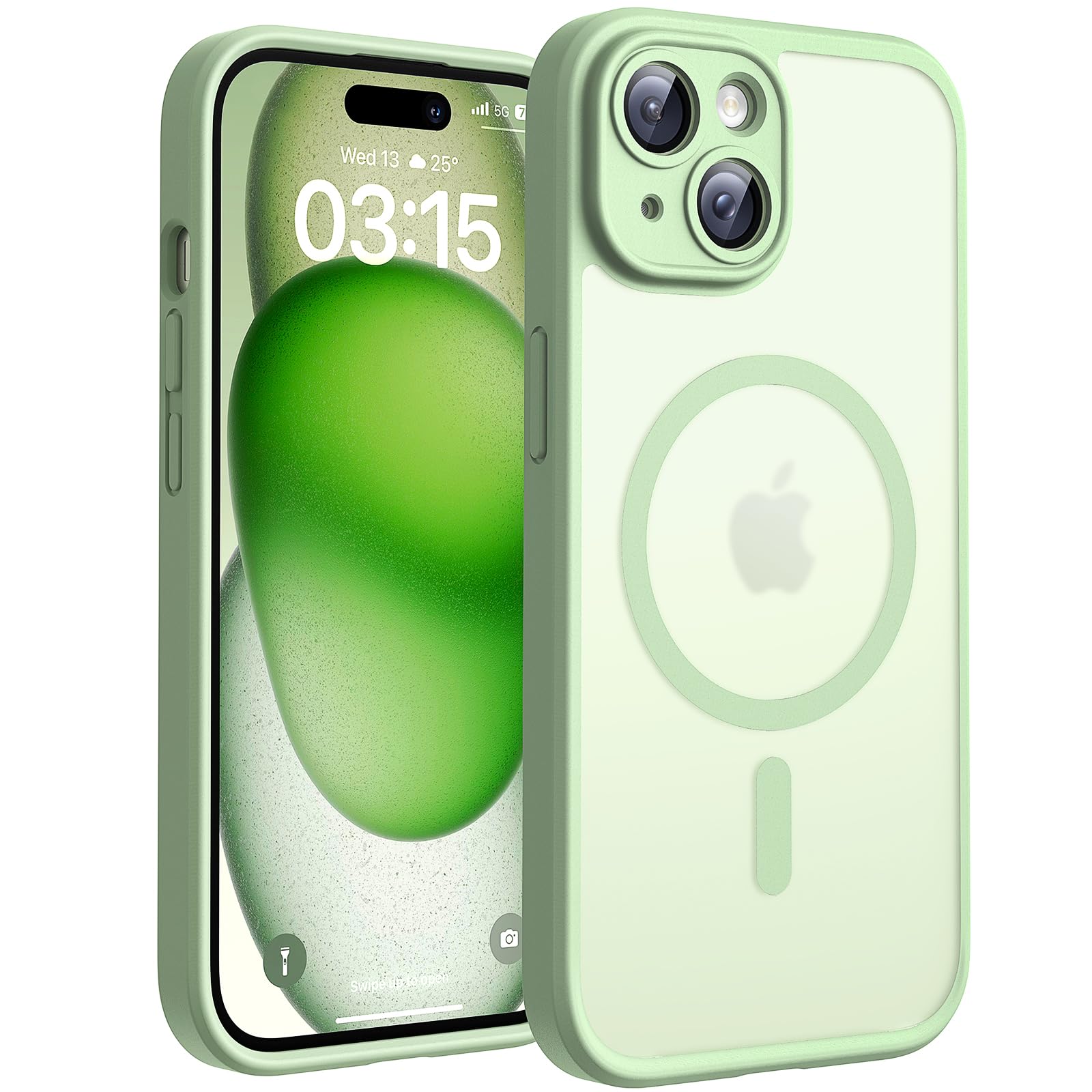 TOCOL Cover Magnetica per iPhone 15 6,1 Pollic, Compatibile con MagSafe, Protezione Fotocamera Integrata, Custodia Antiurto Traslucida Opaca, Verde Chiaro