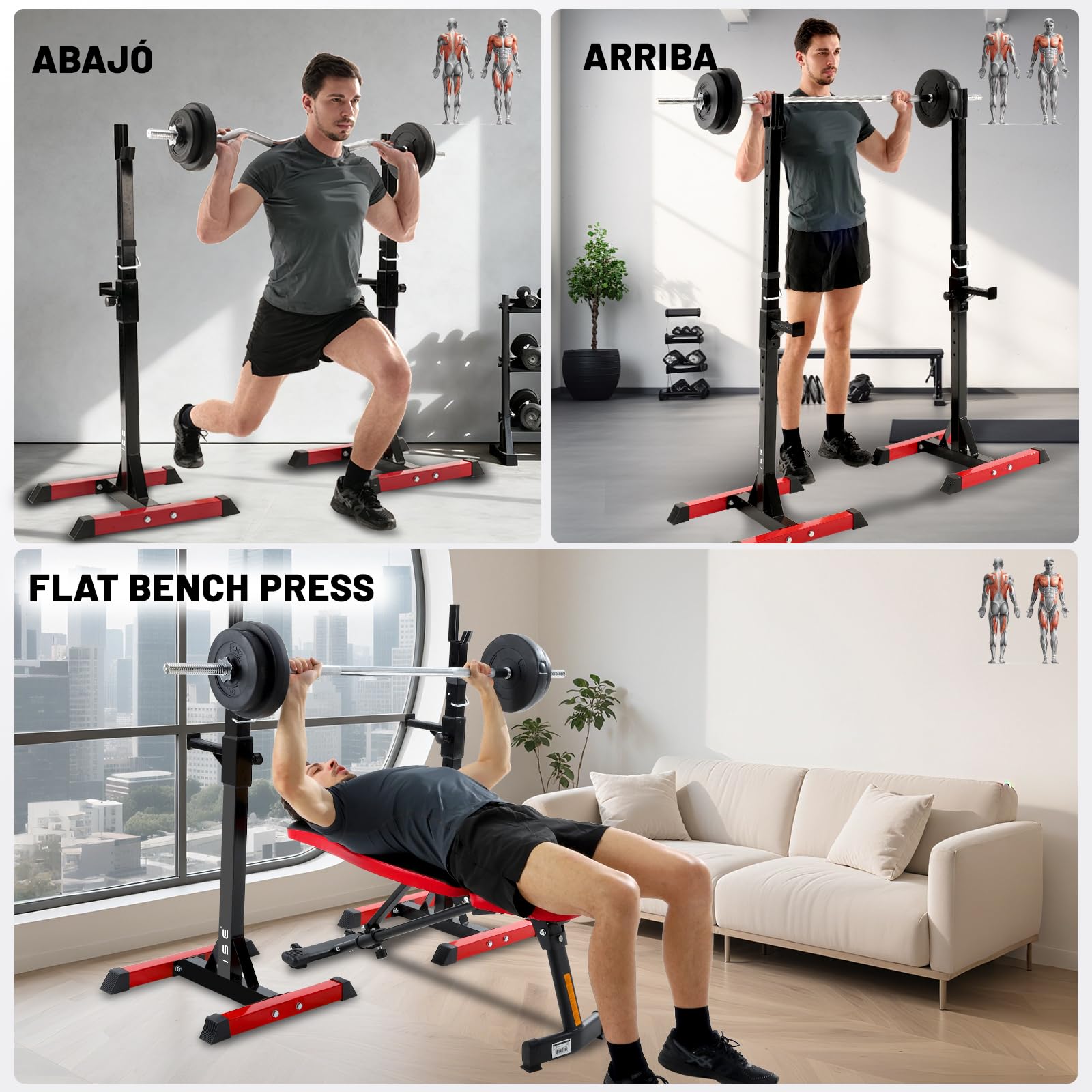 ISE Soporte Barra Pesas ajustable, Soporte Pesas Barra, Rack Sentadillas y Press Banca Squat Rack Stand Gym para Fitness, Soporte Para Pesas de Levantamiento Gimnasio para Banco de Peso, Máx 200kg