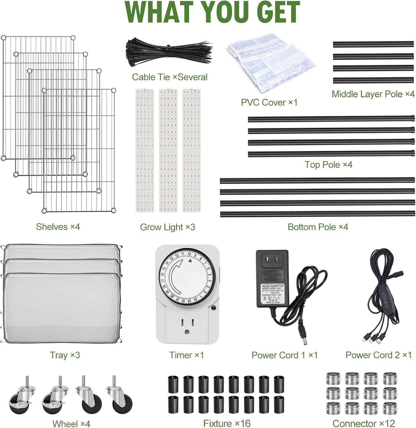SPECILITE Indoor Greenhouse with Grow Light, DIY 4-Tier Plant Stand with PVC Cover and 33W Full Spectrum 5000K LED Plant Lights, Rolling Plant Shelves with Tent & Timer for Seed Starting, 27x14x59IN