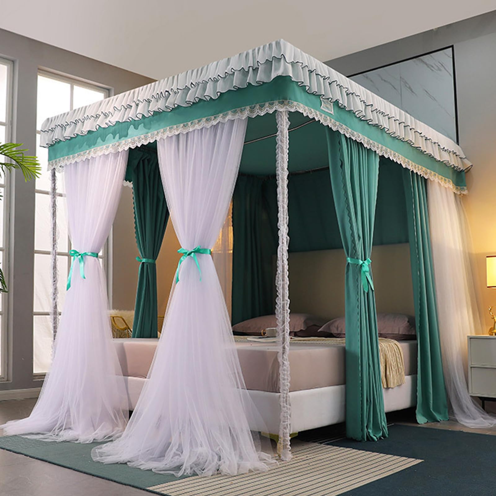 GJMSSMY 4 Corners Post Princess Curtains Bed Canopy for s, 4 Opening Queen King Bed Tent Netting Mosquito Net - Double Layer Sheer Mesh Canopies Drapes s Room Decor