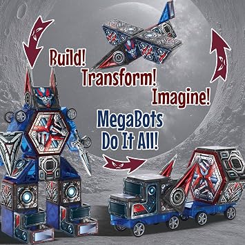 Little Pi 磁気タイル MegaBots 58個 | 剣と盾が付いた英雄的な変身ロボット | STEMクリエイティブビルディングプレイ 対象年齢3 4 5 6 7 8歳
