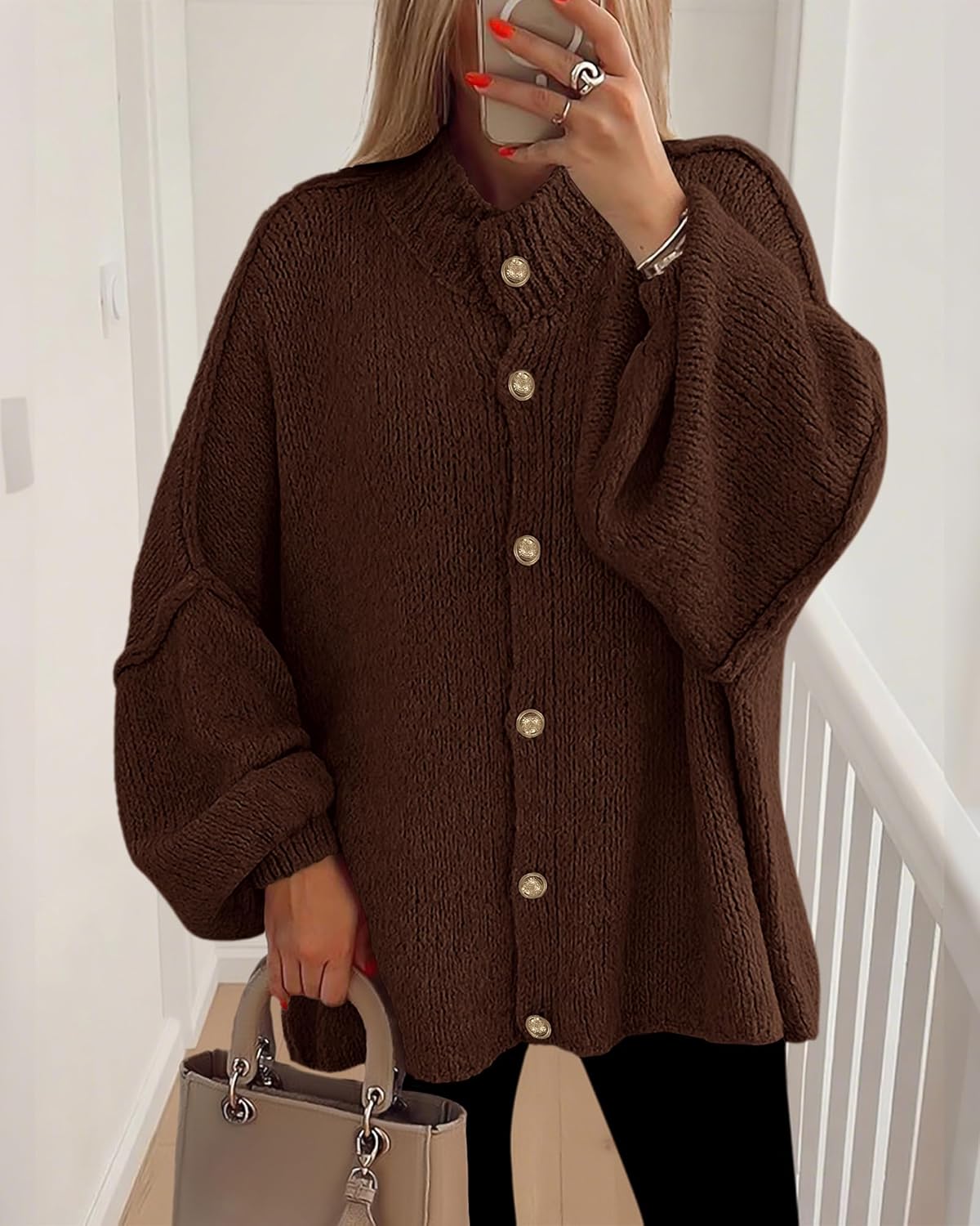 BTFBM Cardigan Sweaters for Women 2026 Fall Clothes Lantern Long Sleeve Button Open Front Chunky Knit Oversized Sweater - Image 2