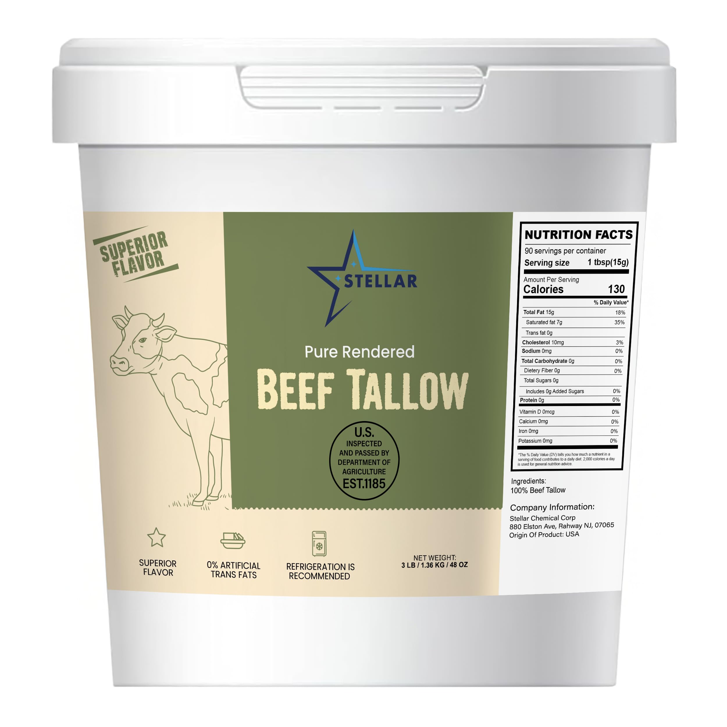 Stellar - Beef Tallow - 100% Grass-Fed & Finished - Good for Cooking, Baking and Frying - Food Grade - 3 LBS