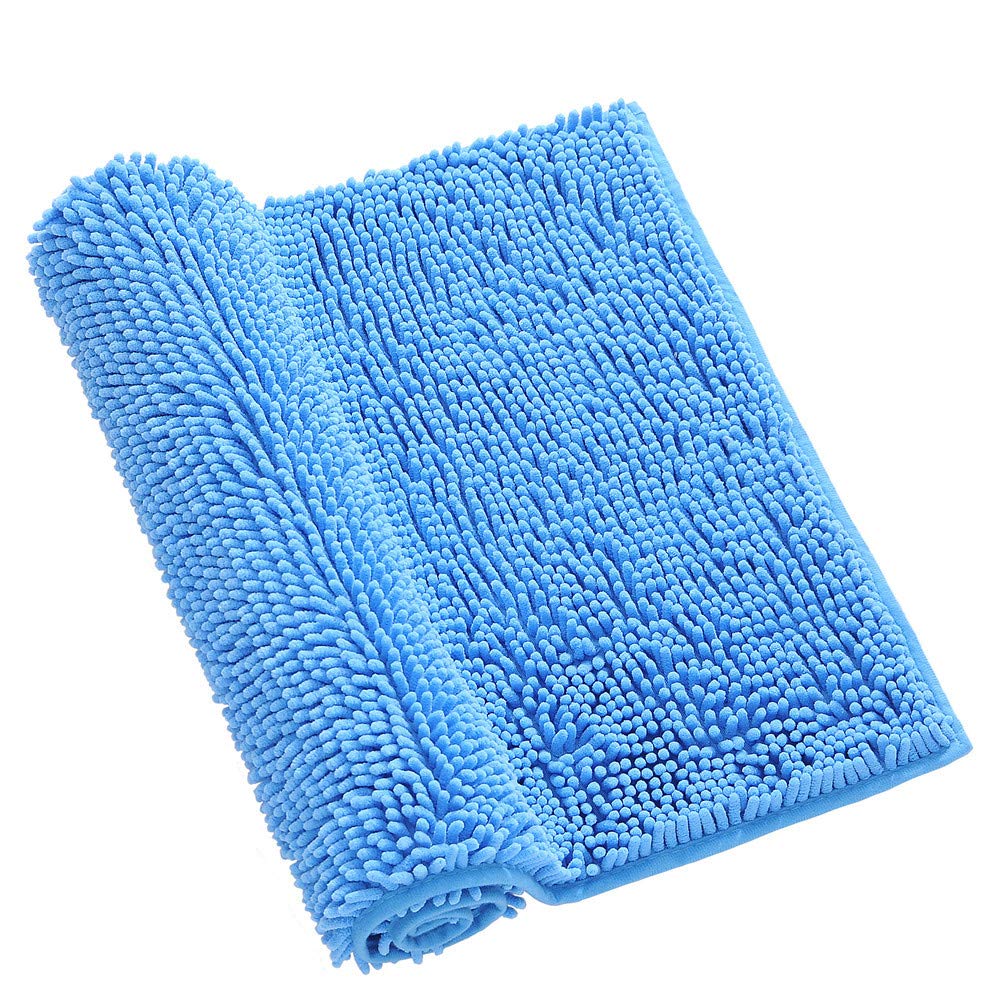 Surwin Chenille Bath Mat Non Slip, Luxurious Soft Fluffy Large Bathroom Mat Super Absorbent Bathmat Machine Washable & Quick Dry Bath Rug for Bathroom, Shower (Blue,40x60cm)