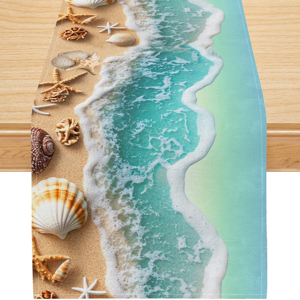 Coastal Beach Table Runner, Summer Ocean Waves and Seashell Starfish Print, Premium Linen Blend Dining Table Decor for Indoor Outdoor Party,13x108 Inch