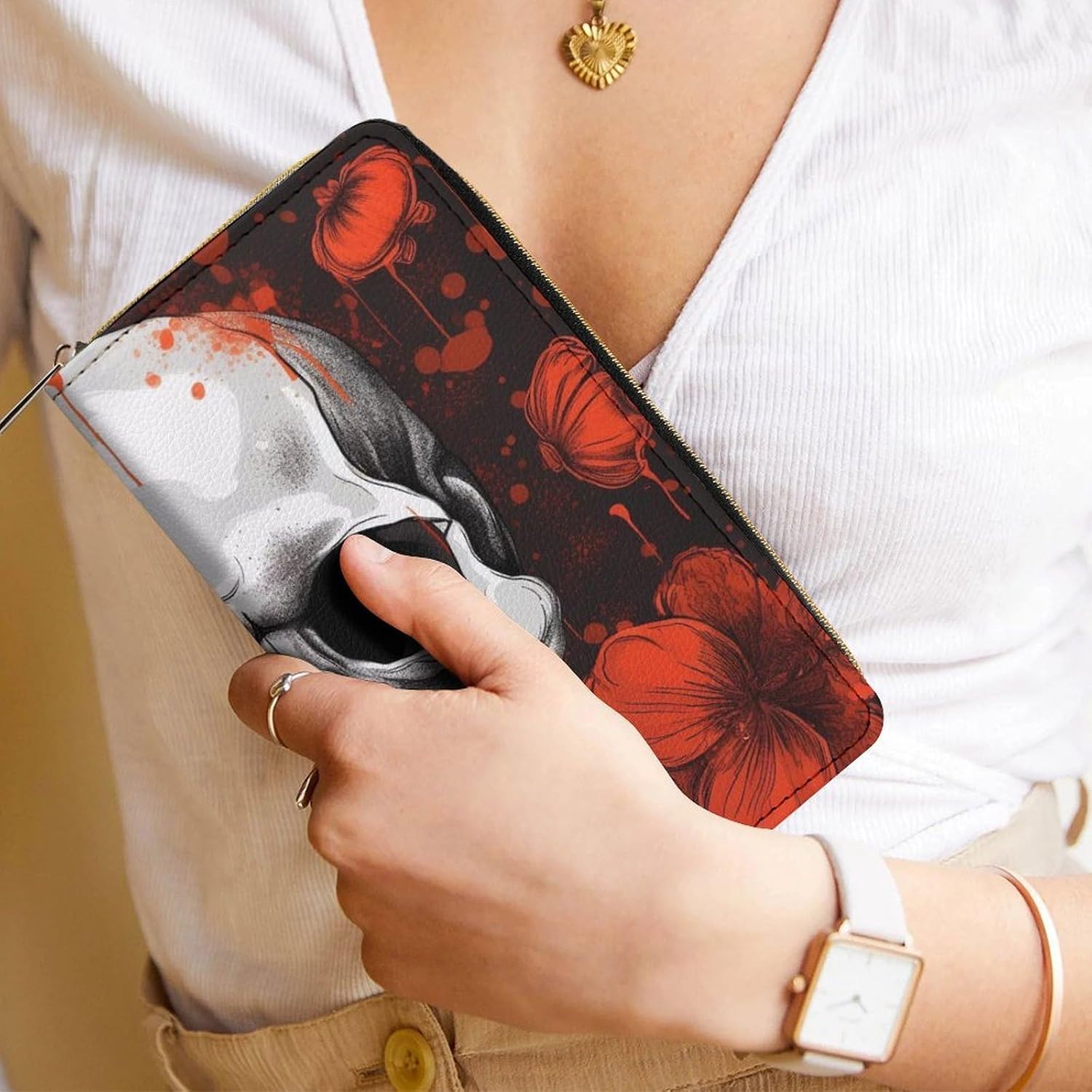 Halloween Skull Print Long Wallet for Women Men PU Leather Card Holder Organizer with Zipper Coin Pocket & Cash Slots